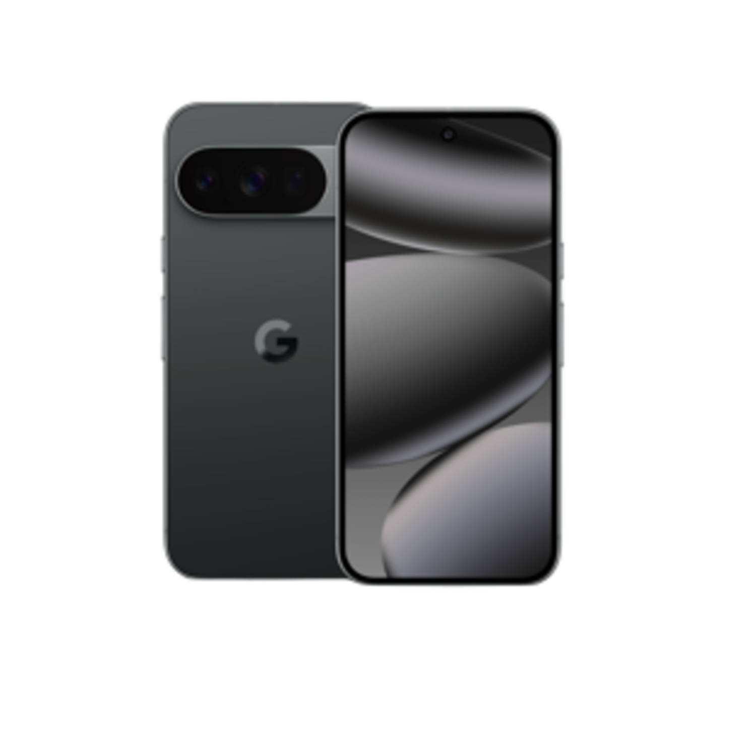 Een donkergrijze smartphone, voor- en achteraanzicht. De achterkant toont een camerabalk, Google-logo. De voorkant toont een scherm.