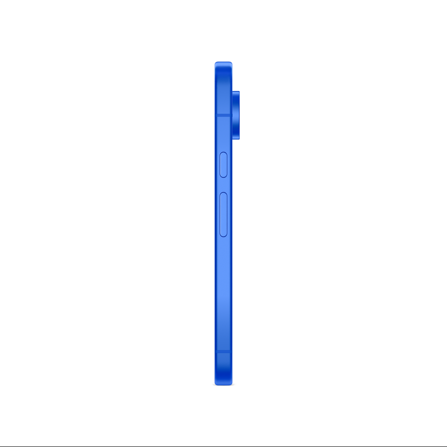A blue smartphone is shown from its side. The camera and buttons are visible on the side of the phone, set against a white background.