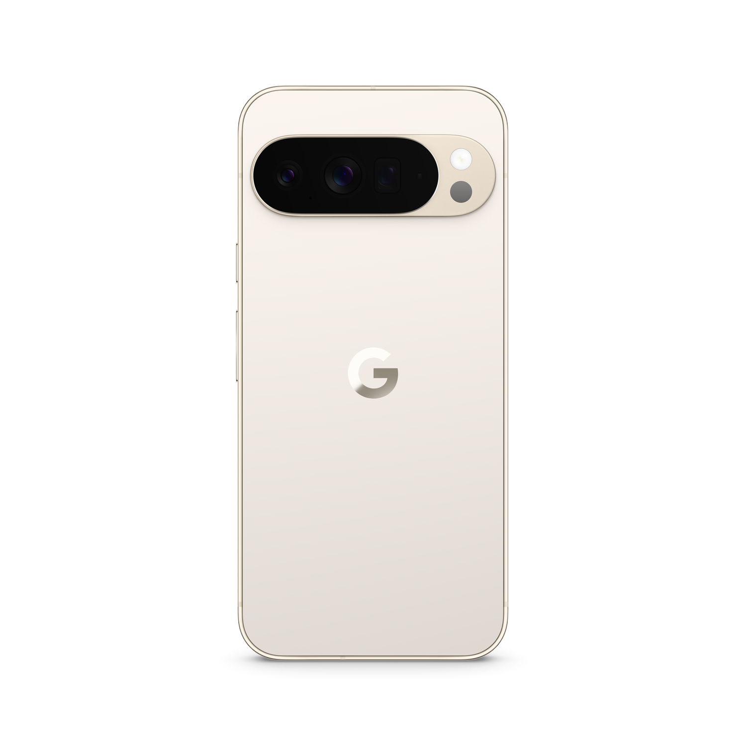 Een beige smartphone met een camerabalk, een Google-logo en een gouden frame. De telefoon staat op een witte achtergrond.
