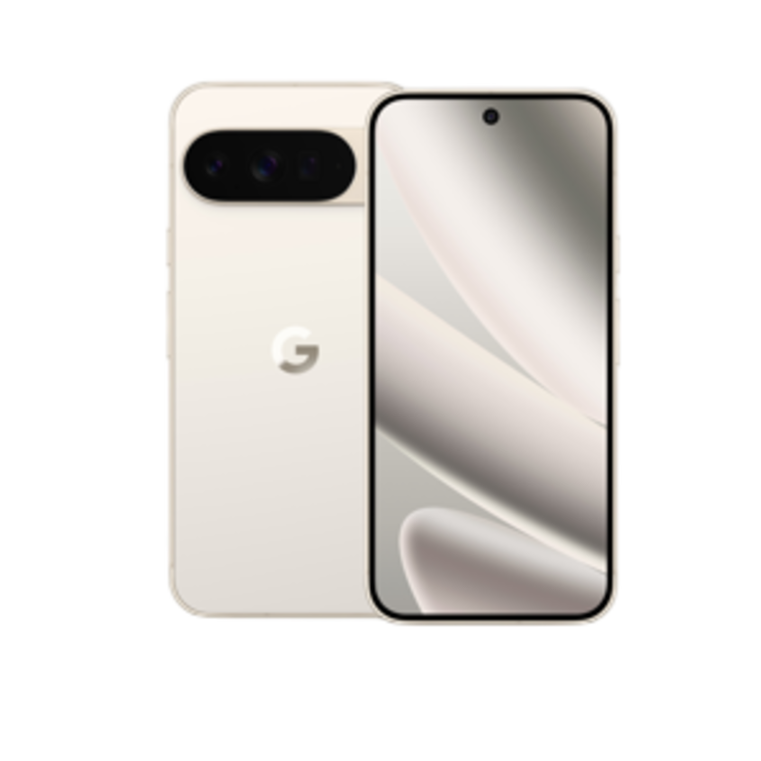 Een beige smartphone met een scherm en camera-opstelling. Het scherm toont witte en grijze abstracte vormen. Een Google-logo is zichtbaar.