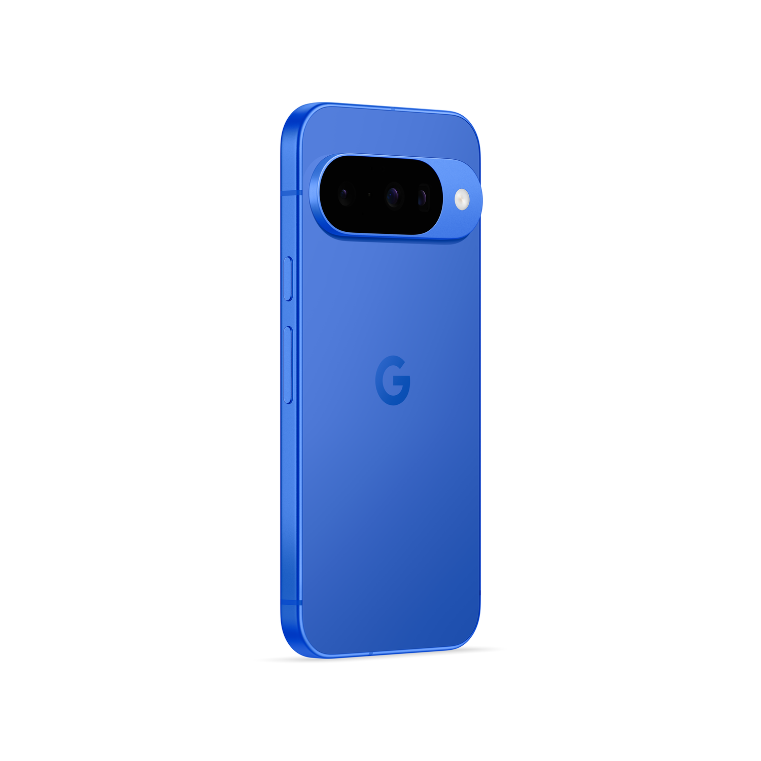 Blue smartphone with a camera bar. The Google logo is visible on the back. The phone is angled slightly, with a white background.