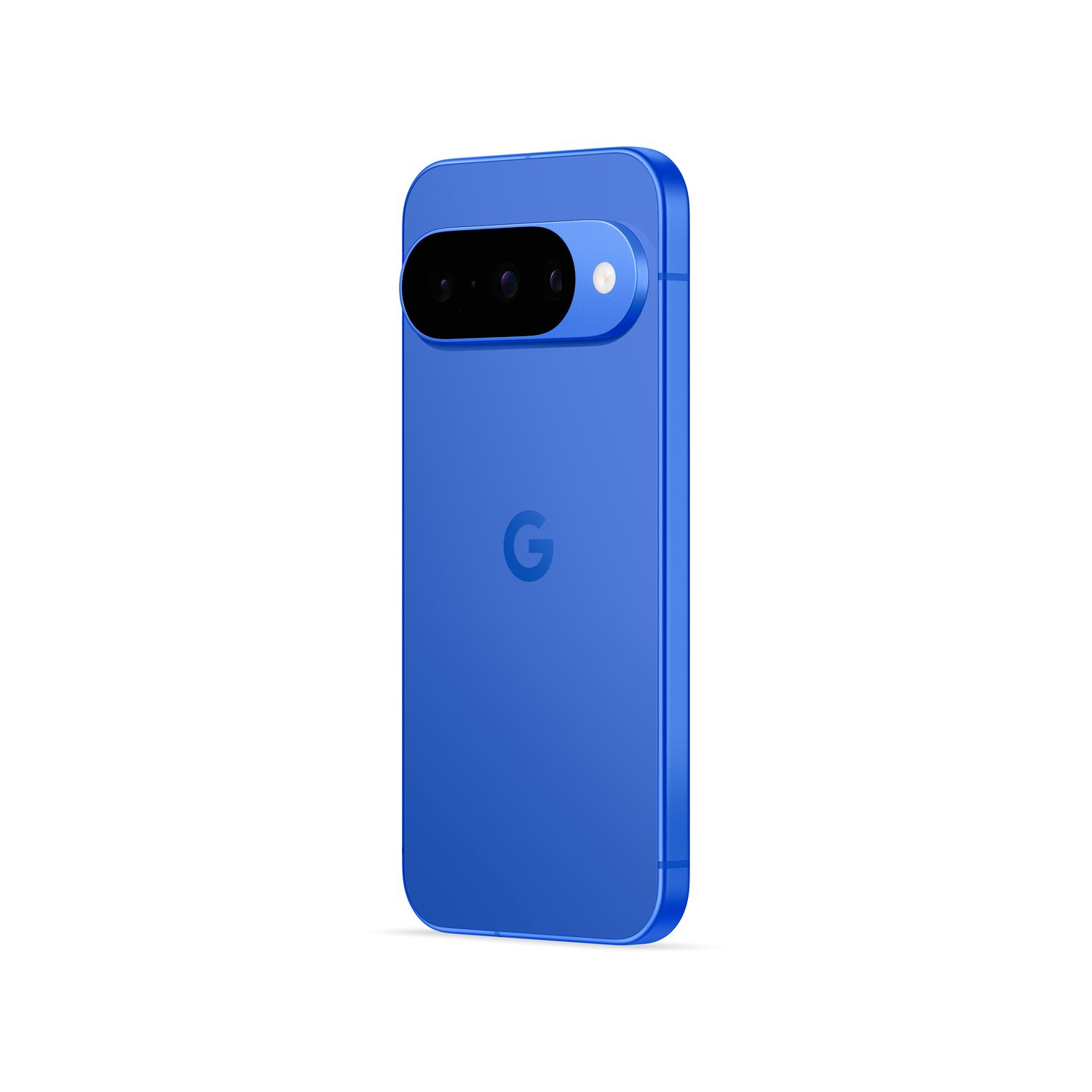 A blue Google Pixel phone. The back shows the camera bar with lenses and the Google logo. White background.