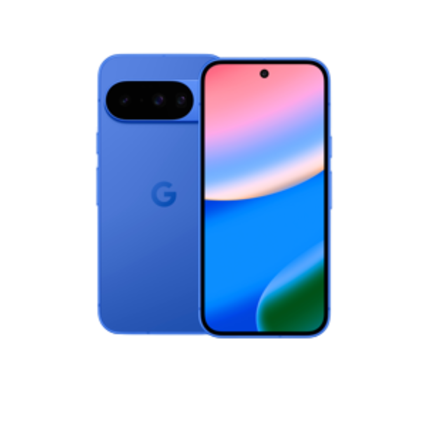 A blue smartphone with a screen showing a blue and green gradient. The back has cameras and a Google logo.