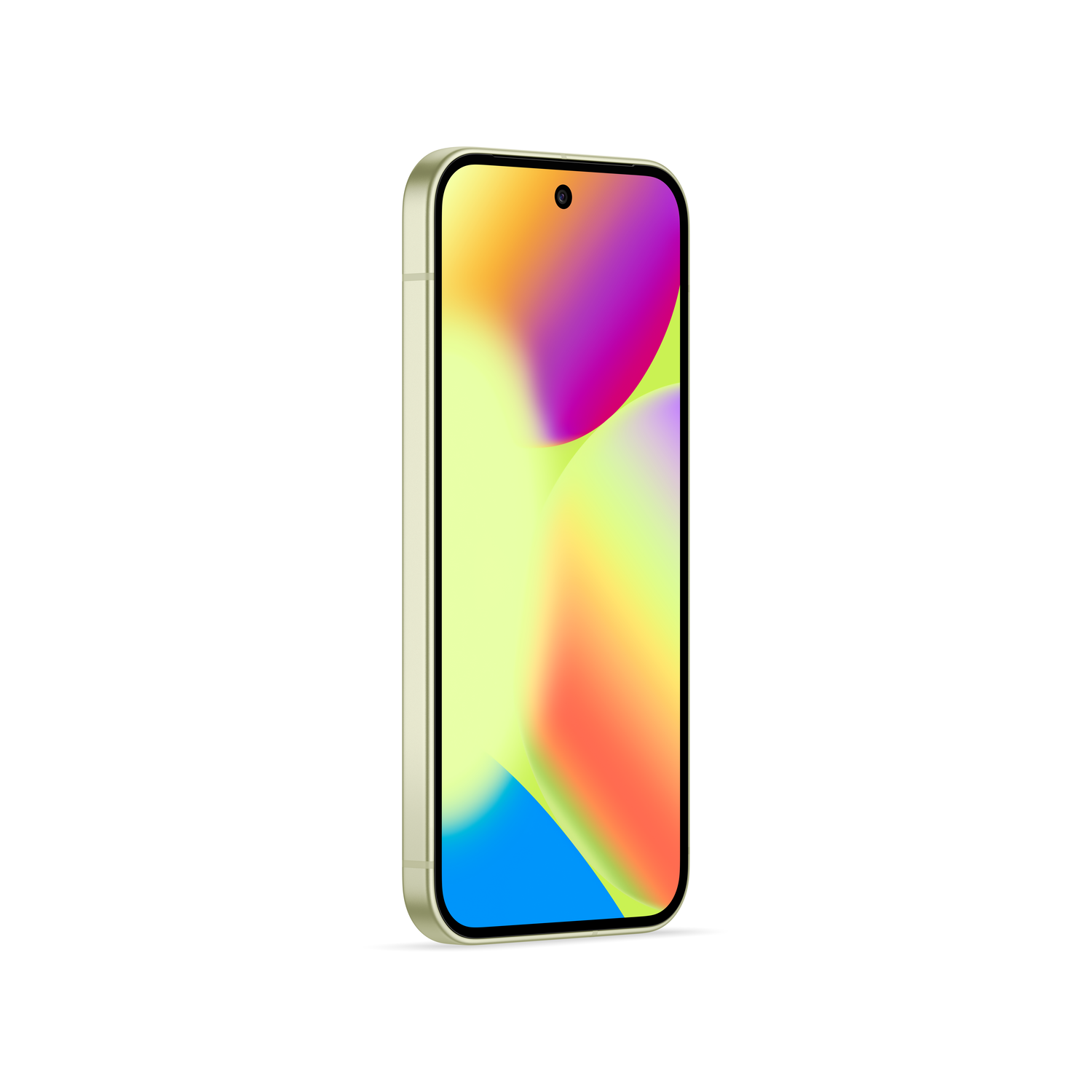 A smartphone with a gold frame and a colorful screen, displaying a gradient of yellow, purple, orange, and blue, on a white background.