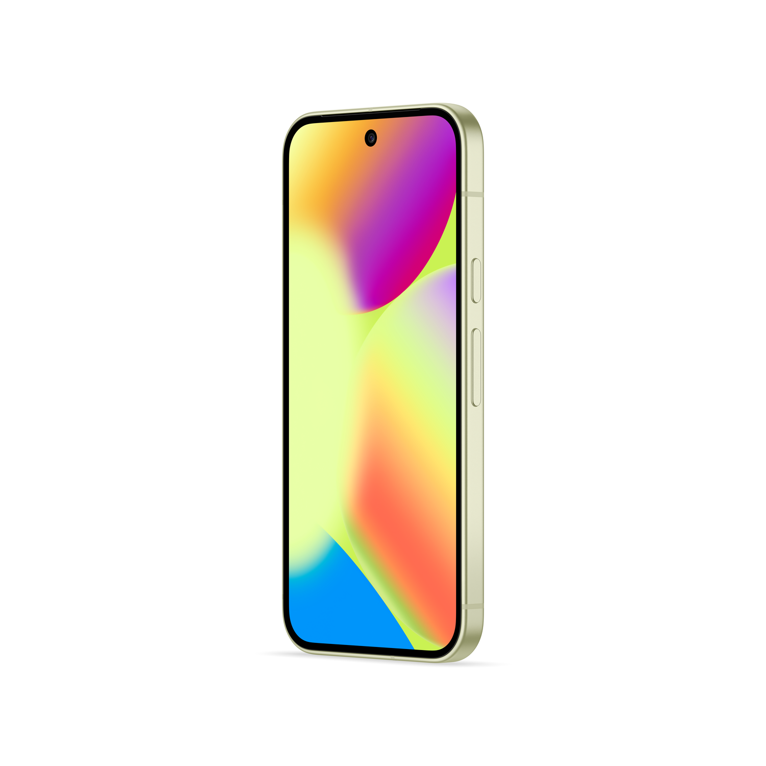 A gold smartphone with a colorful display stands upright. The screen displays a gradient of yellow, purple, blue, and orange colors.