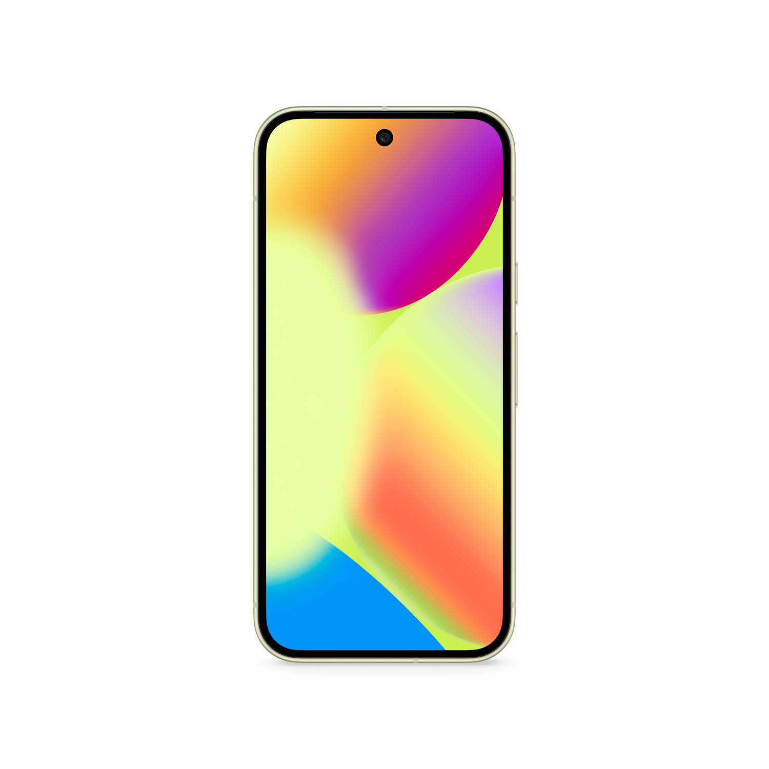 A smartphone with a colorful abstract gradient on the screen, gold frame, and a white background.