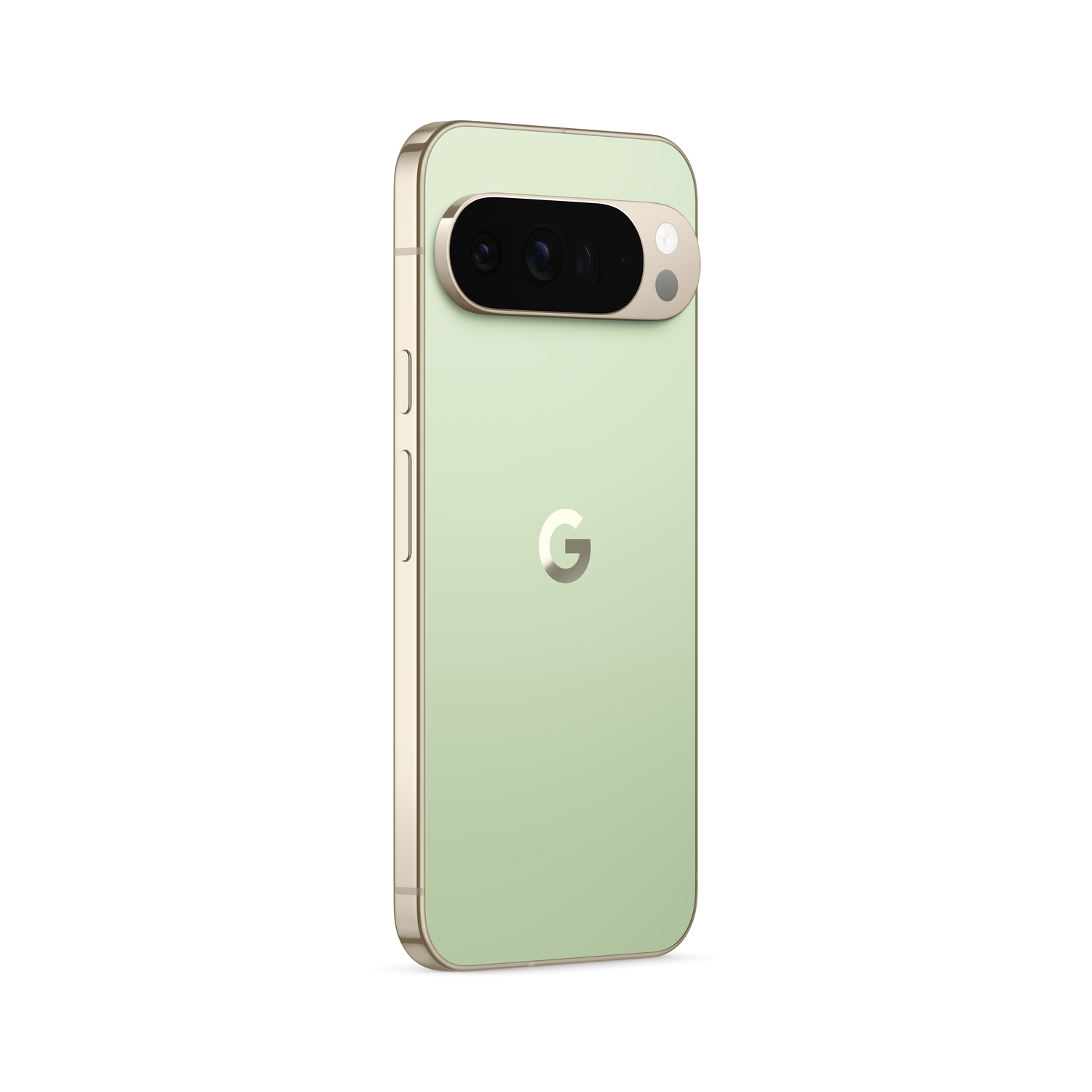 Een lichtgroene Google Pixel 7 Pro telefoon. Het heeft een gouden frame, een camerabalk en het Google-logo op de achterkant.