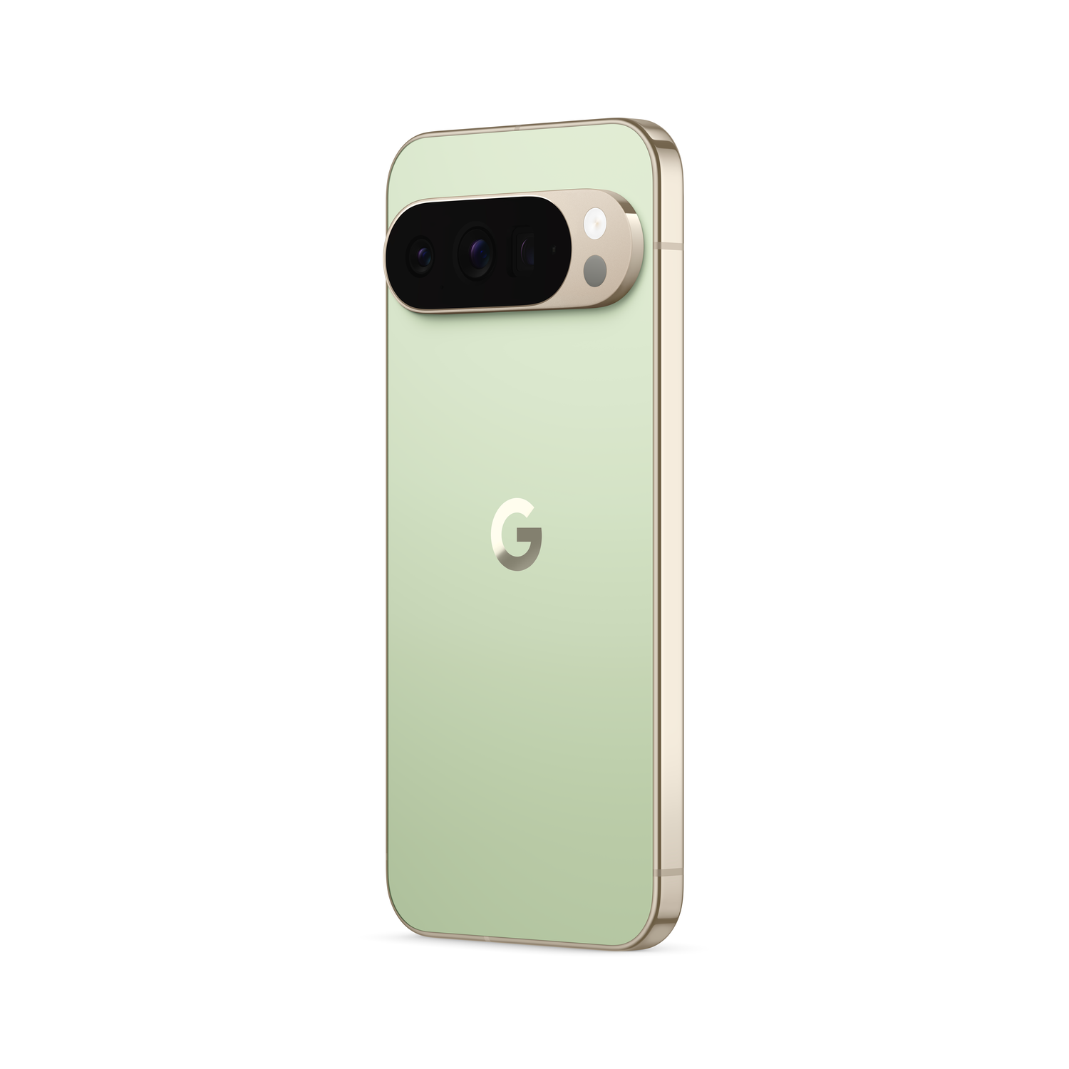 Een lichtgroene Google Pixel 7 Pro smartphone, met een goudkleurige camerabalk en frame, en het Google 'G' logo.