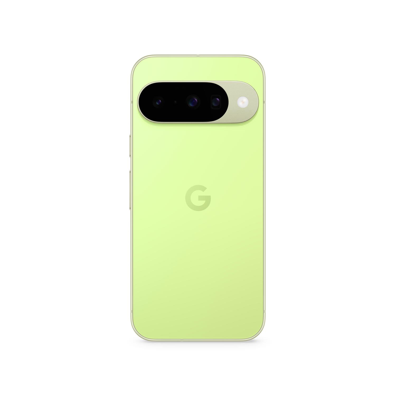 A light green smartphone with a black camera bar. The Google logo is in the center. The background is white.