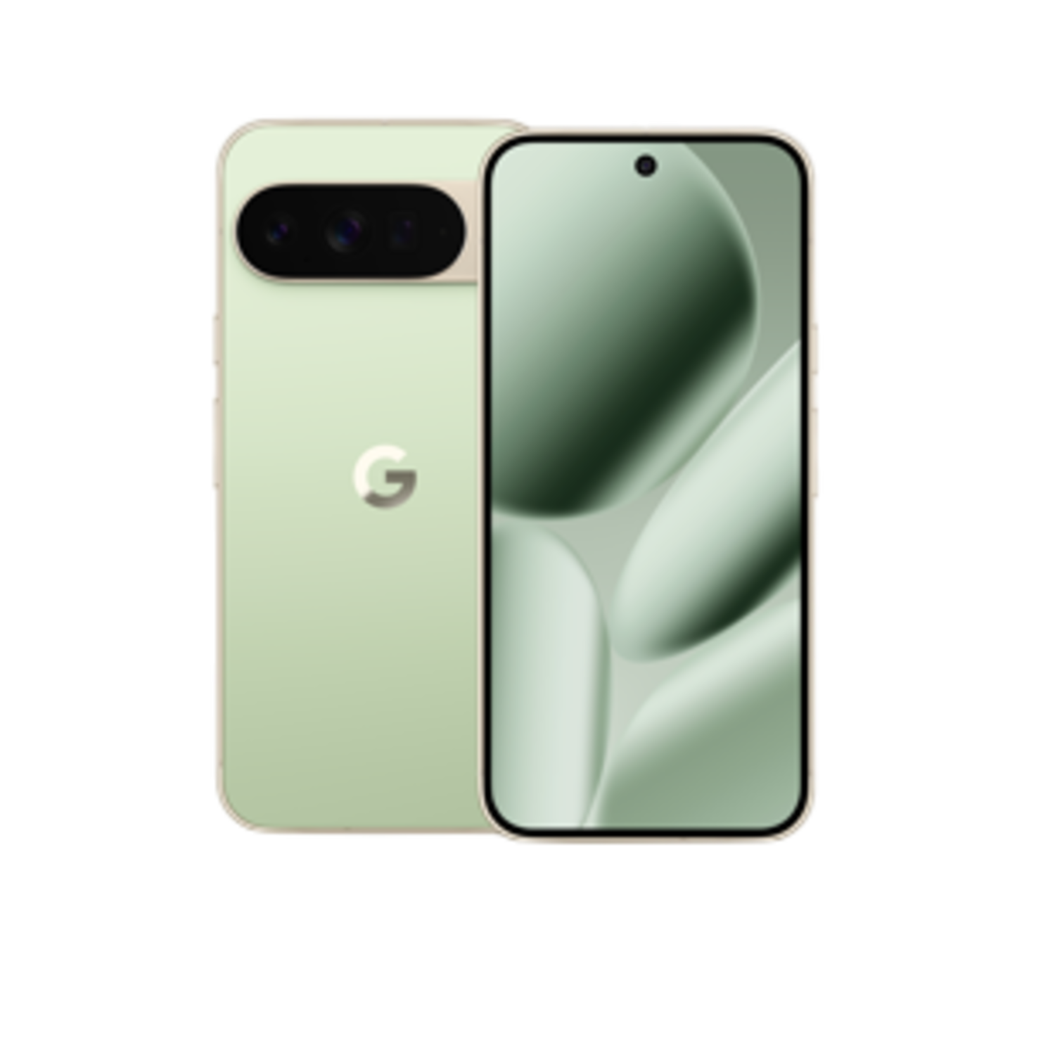 Een lichtgroene smartphone met een drievoudige cameralens, het Google-logo en een scherm met abstracte vormen.