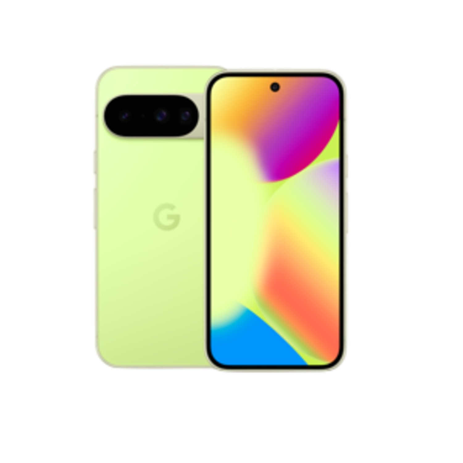A light green smartphone, front and back, with a colorful screen. Google logo on the back. Black background.