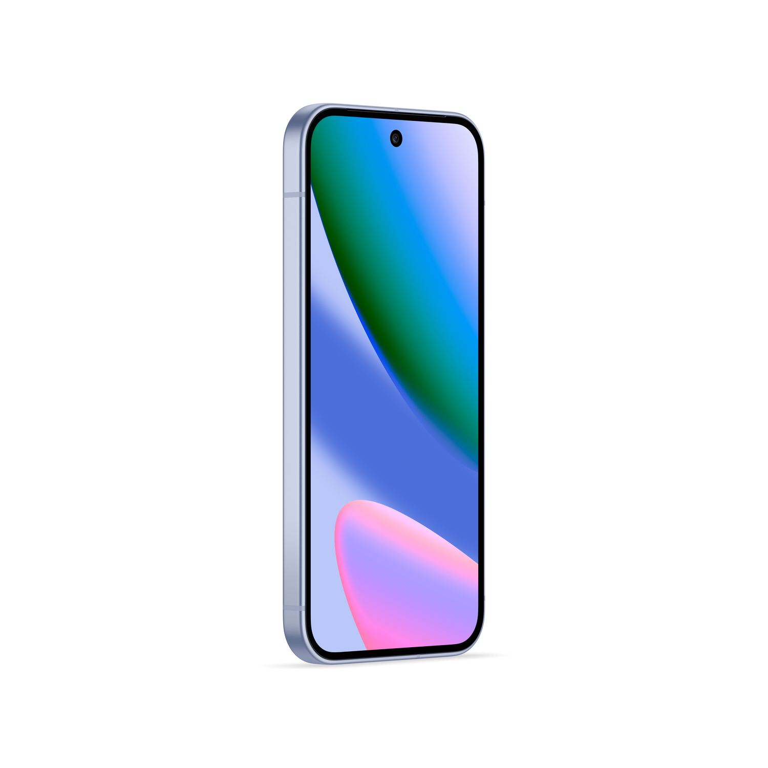 A smartphone with a colorful screen is displayed against a white background. The phone's screen shows green, blue, and pink colors.