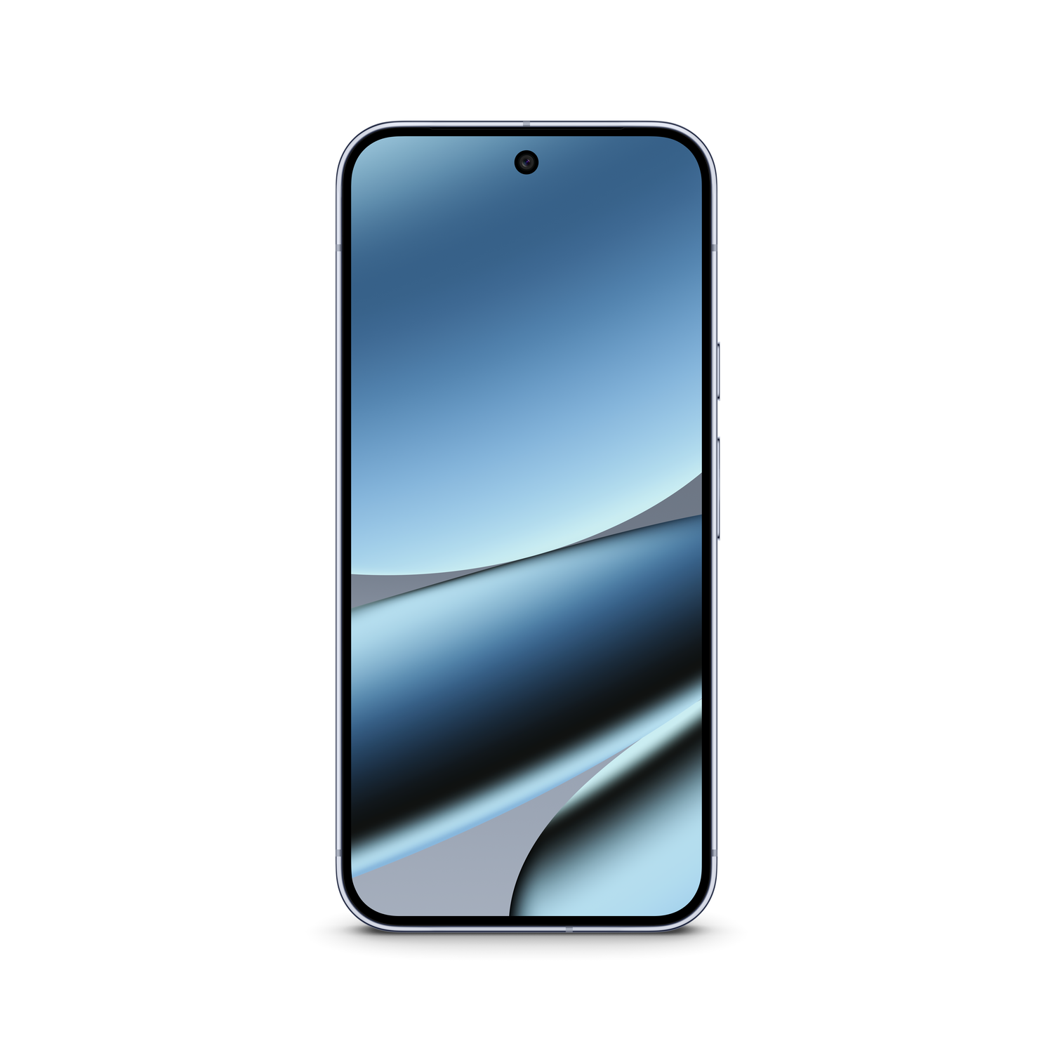 Een smartphone met een blauw verlopend scherm en een kleine camera bovenaan. De telefoon heeft afgeronde hoeken en een zilveren frame.