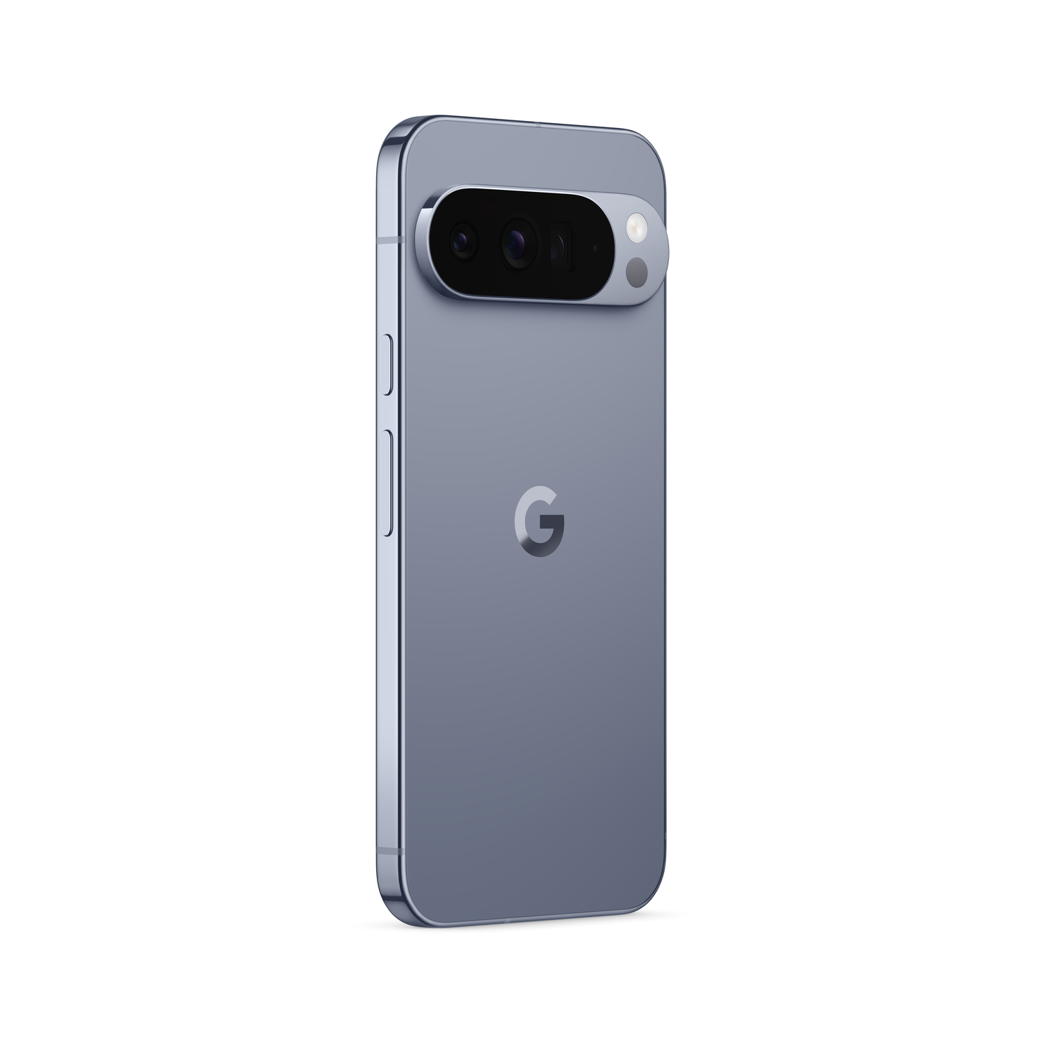 Een grijze smartphone met camerabalk, Google-logo en zijknoppen. De telefoon staat op een witte achtergrond.