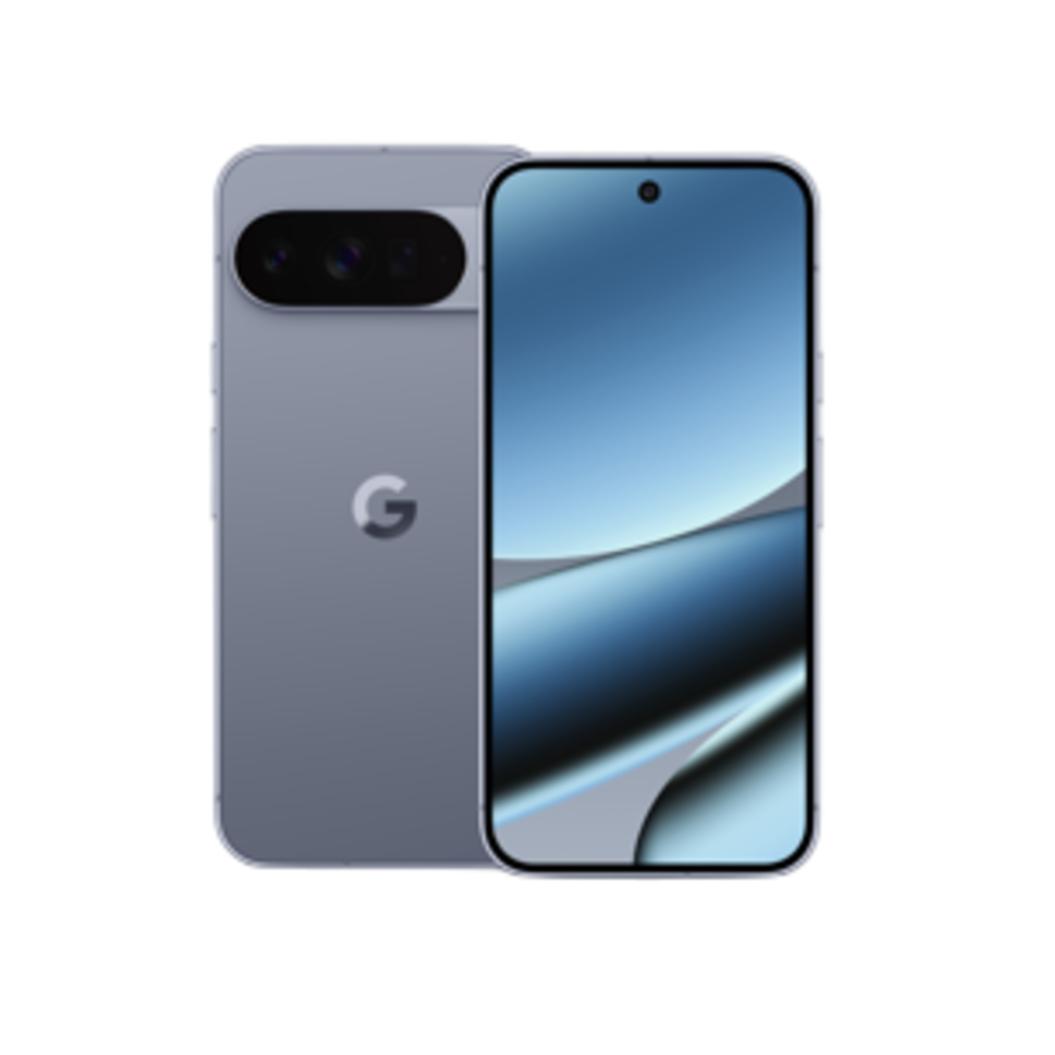 Een grijze smartphone met een drievoudige lenscamera wordt getoond. Het scherm toont een blauwe gradiënt. Het Google-logo is zichtbaar.