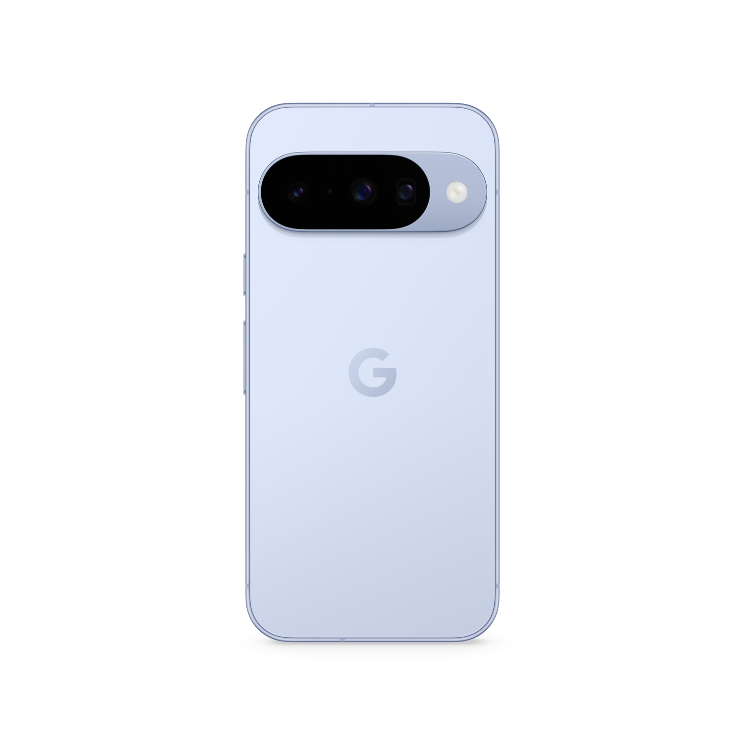 Light blue Google Pixel phone back. Black camera bar. The Google logo is in the middle. The background is white.