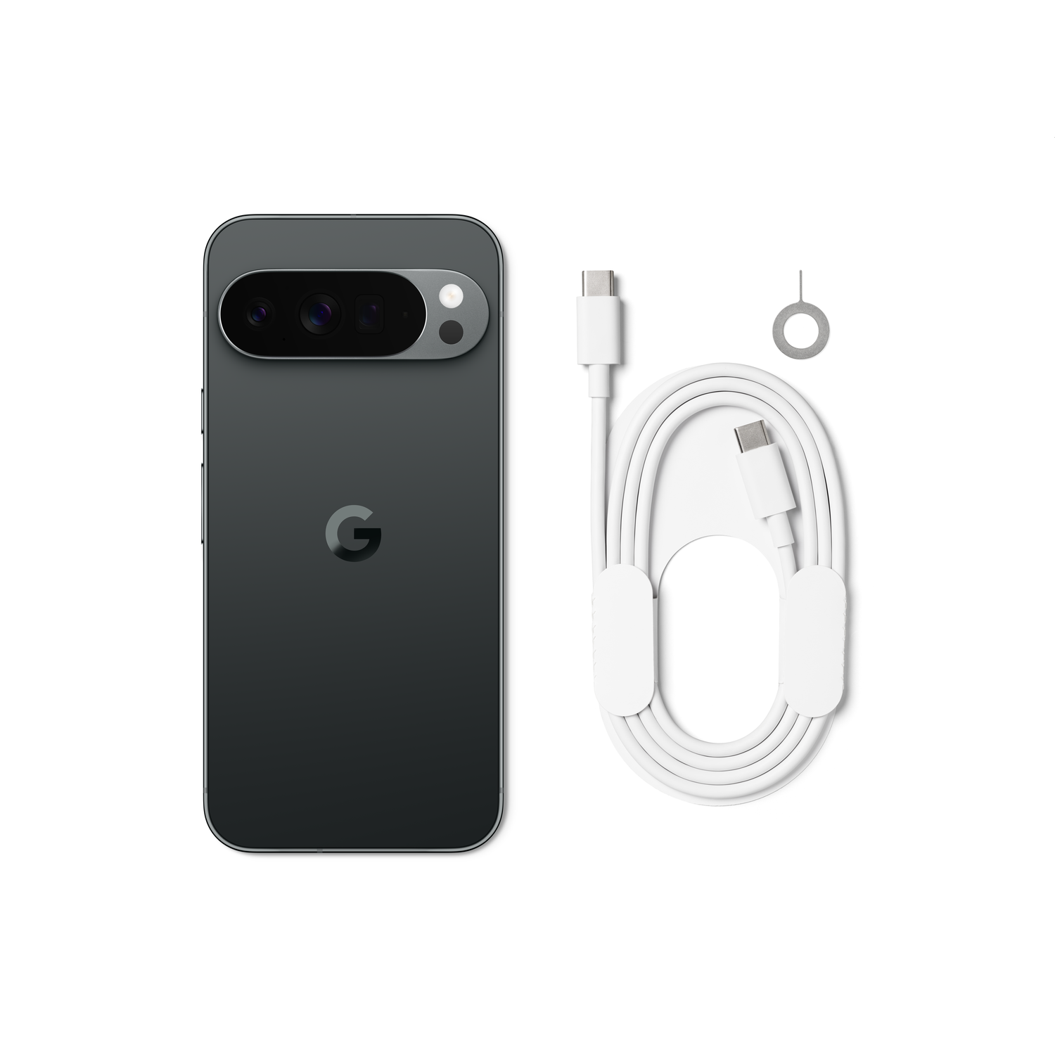 A dark gray Google Pixel phone with a camera bar, a white USB-C cable, a SIM card tool, and a white background.