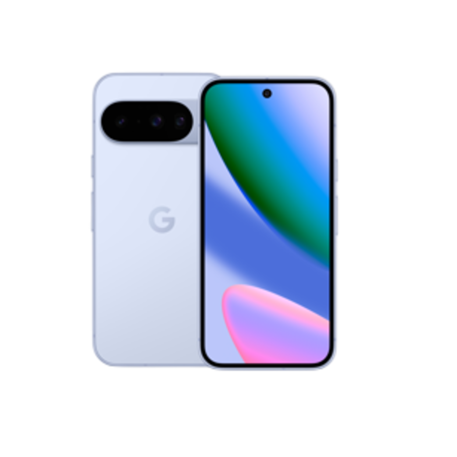 A light blue smartphone with the Google logo, showing the back and the screen with colorful abstract design.