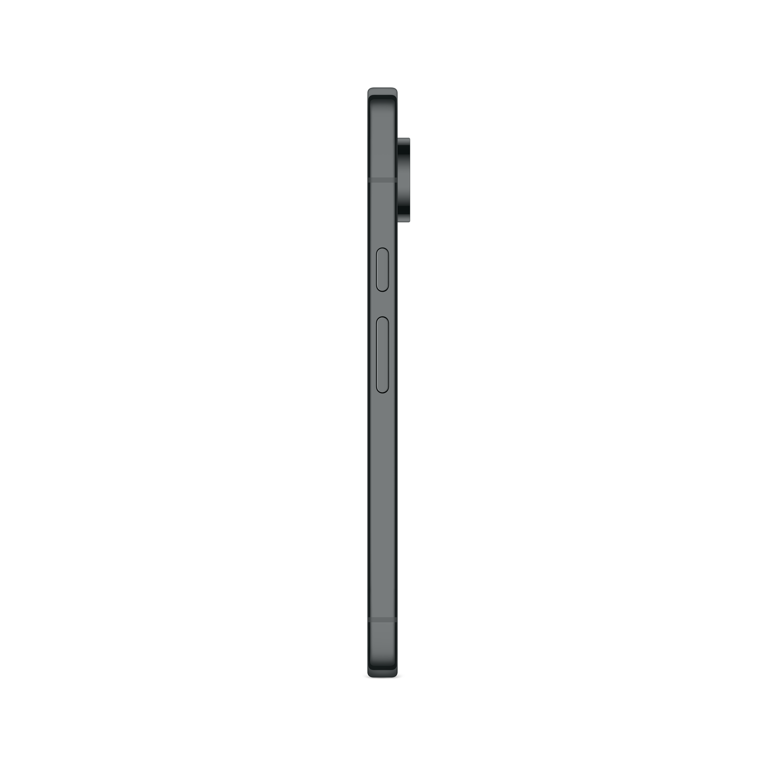 Side view of a dark gray smartphone. The volume buttons and power button are visible on the side. The camera is also visible.