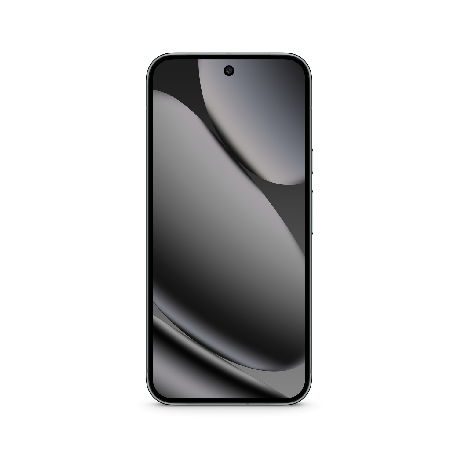 A smartphone with a black screen showing a dark abstract design. The phone is on a white background. Top has a camera.