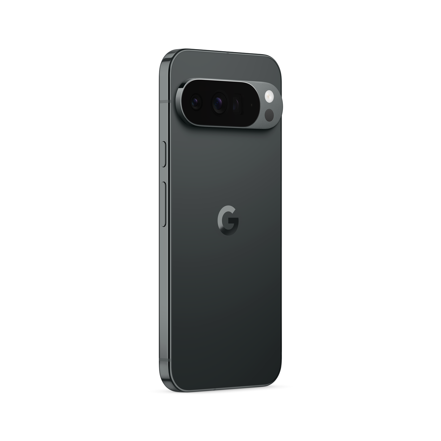 A dark gray smartphone, back view, featuring a camera bar with lenses, the Google logo, and volume and power buttons.