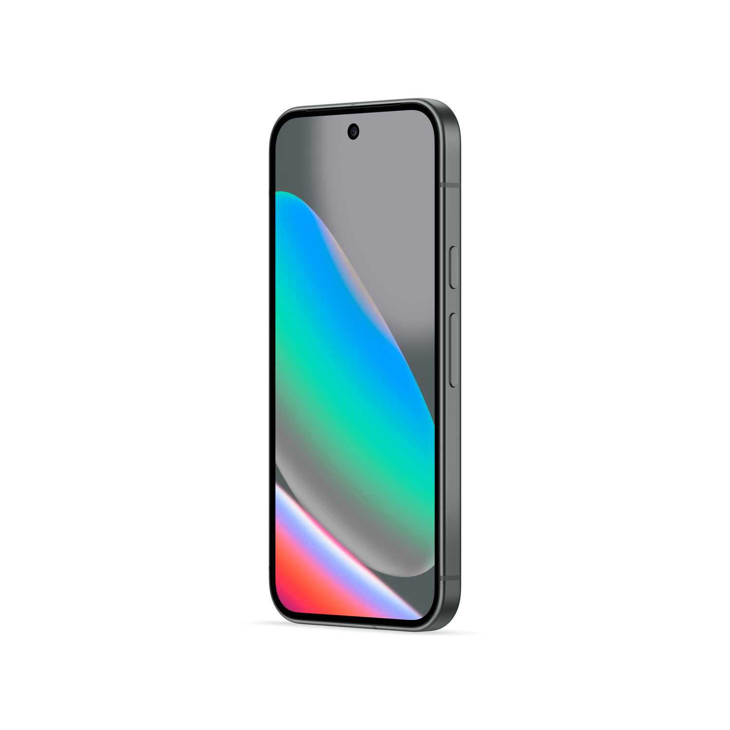 Un smartphone avec un cadre noir et un écran coloré, avec des dégradés bleus, verts et rouges, sur fond blanc.