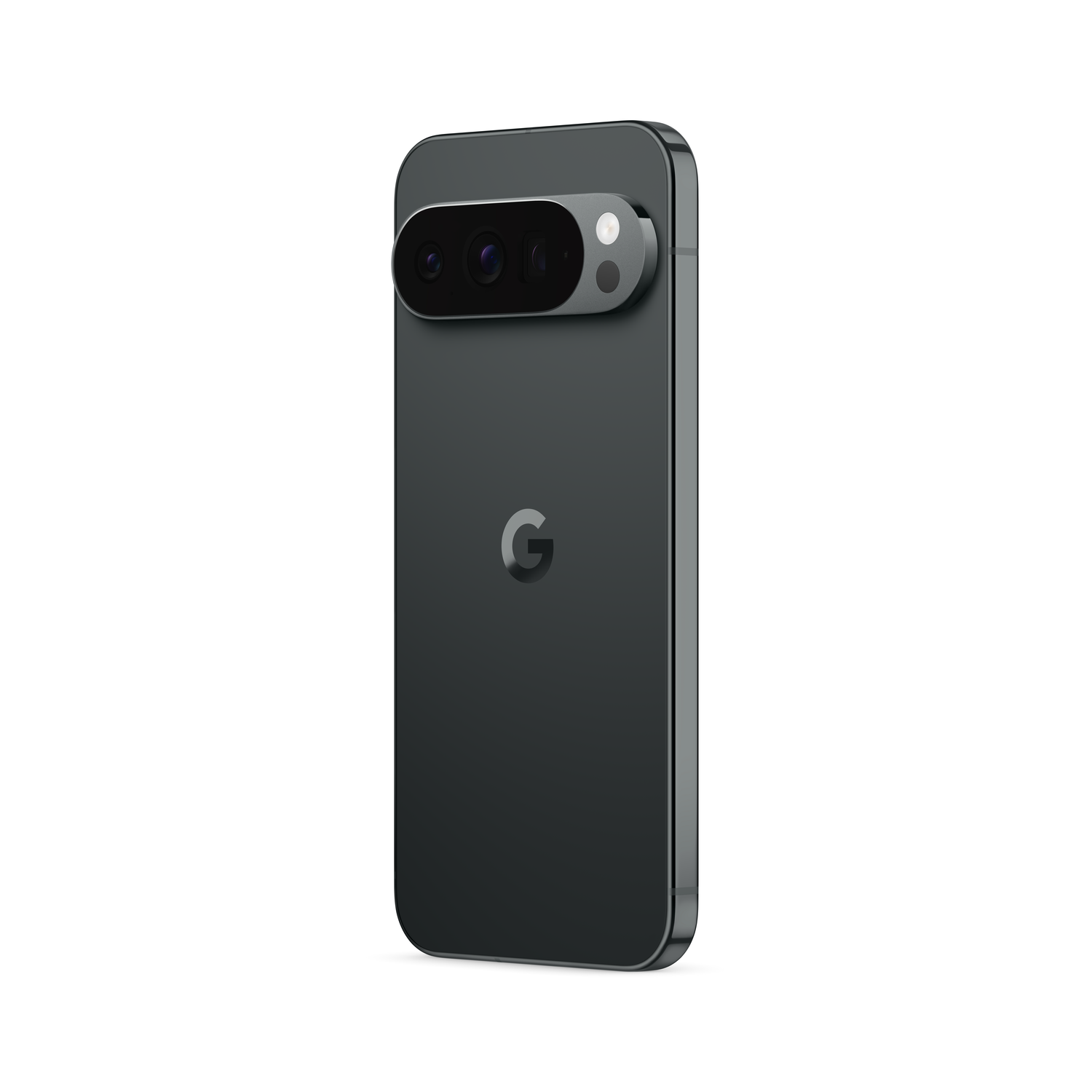 A dark gray smartphone with a rectangular camera module, the Google logo, and a white background.