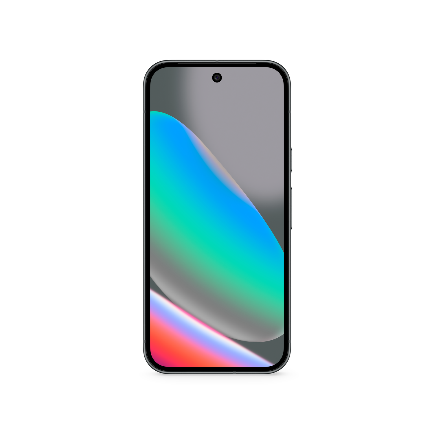 Un smartphone avec un cadre noir et un écran affichant un dégradé coloré de bleus, verts et roses, sur fond blanc.