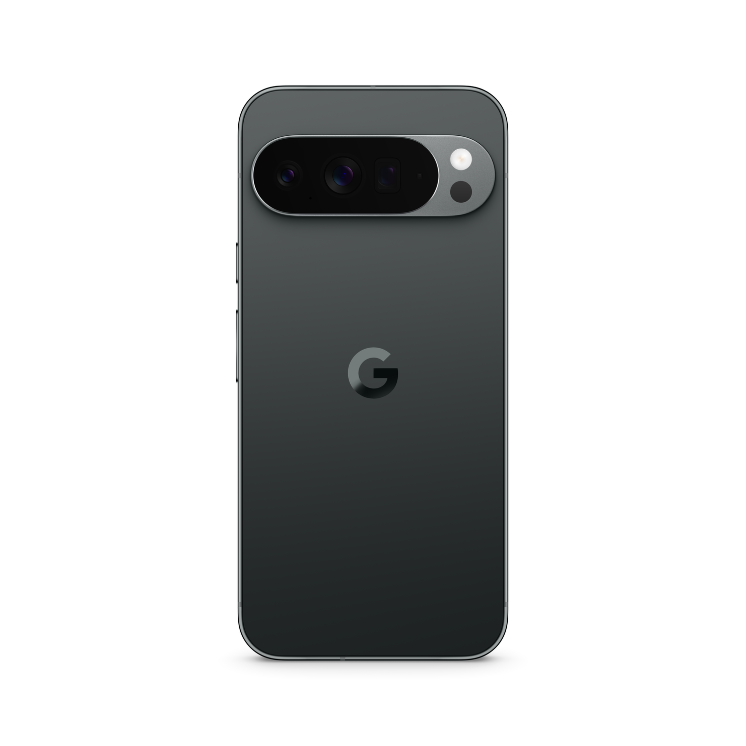 A dark gray smartphone with a camera bar, Google logo, and a white background. The camera bar has multiple lenses.