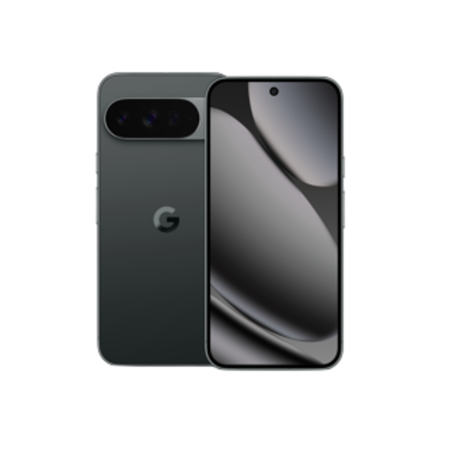 Two gray smartphones are displayed. One shows the back, with a camera array and Google logo. The other shows the front screen.