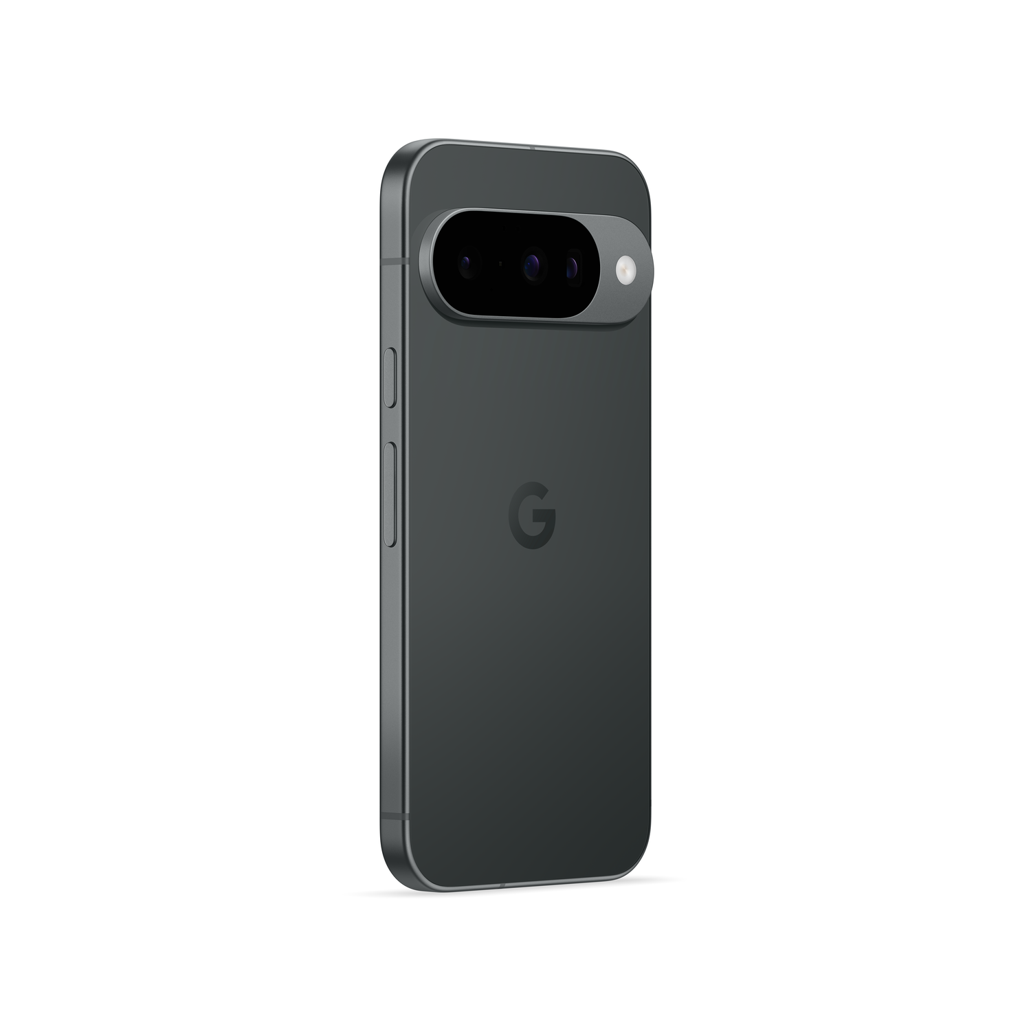 Un smartphone gris foncé avec une bosse d'appareil photo, le logo Google et des boutons latéraux, sur fond blanc.