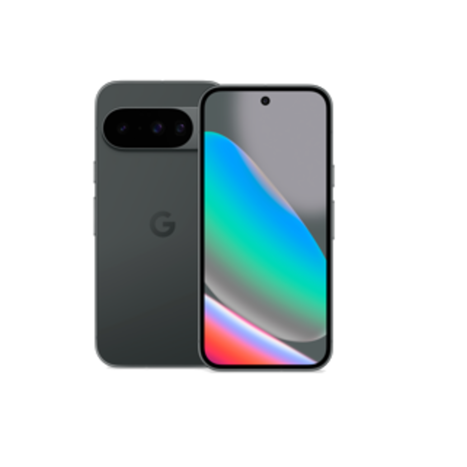 L'image montre un smartphone gris foncé, vues avant et arrière. L'avant a un écran coloré. L'arrière a des caméras et un logo Google.