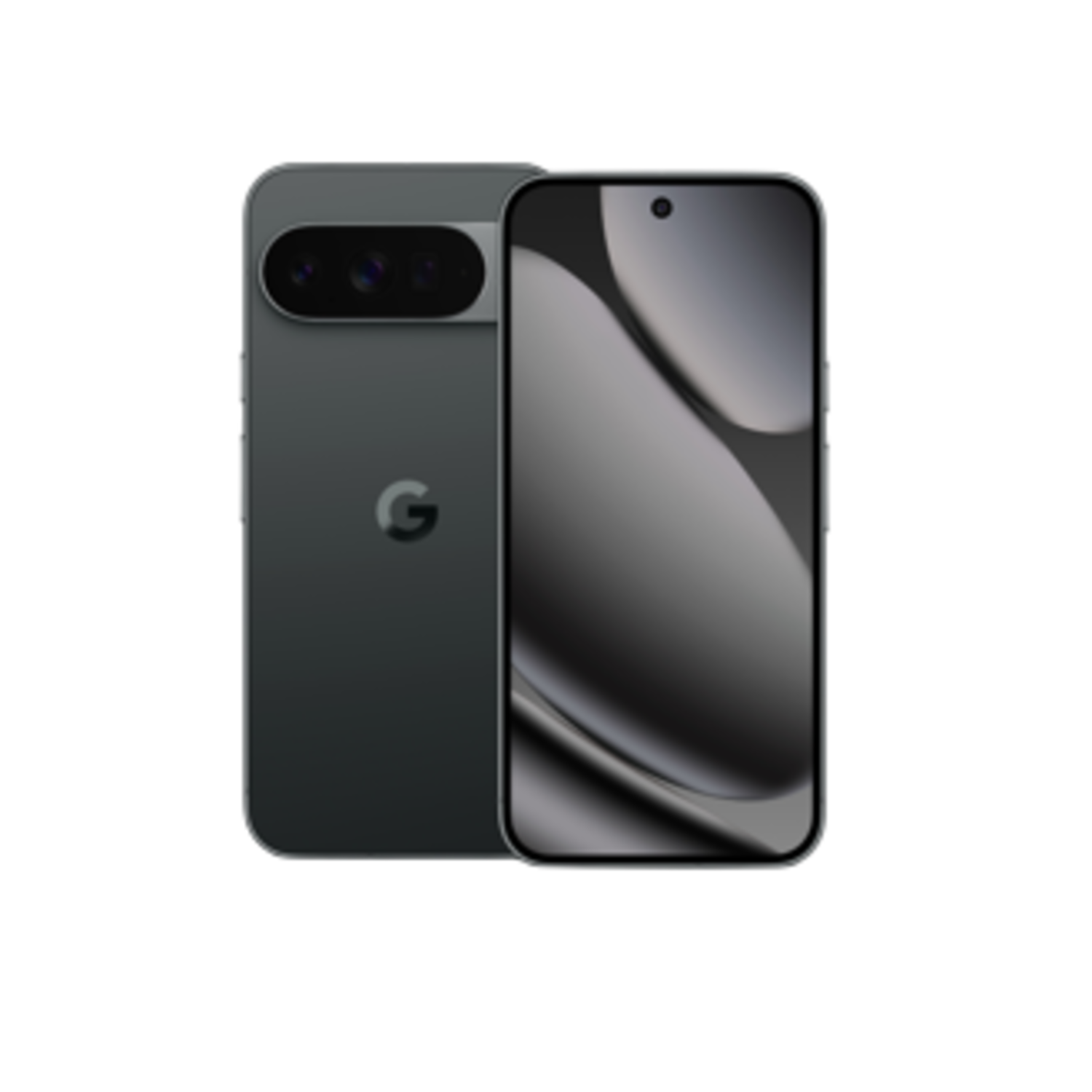Twee grijze Google-smartphones. Eén toont de achterkant met camera's, de andere het scherm met een camera aan de voorkant.