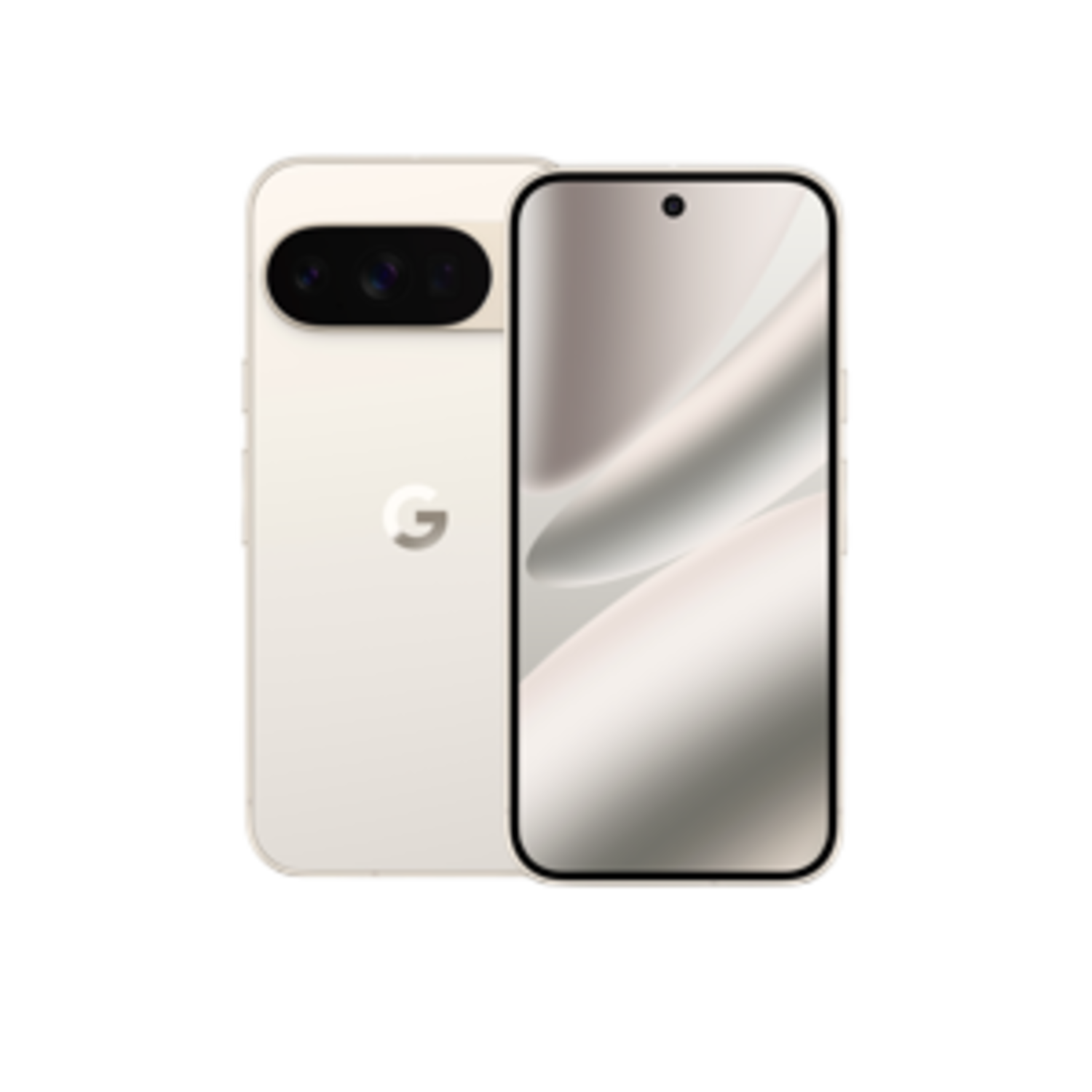 Een lichtbeige smartphone met een drievoudige camera, een scherm met lichtverlopen en een Google-logo.
