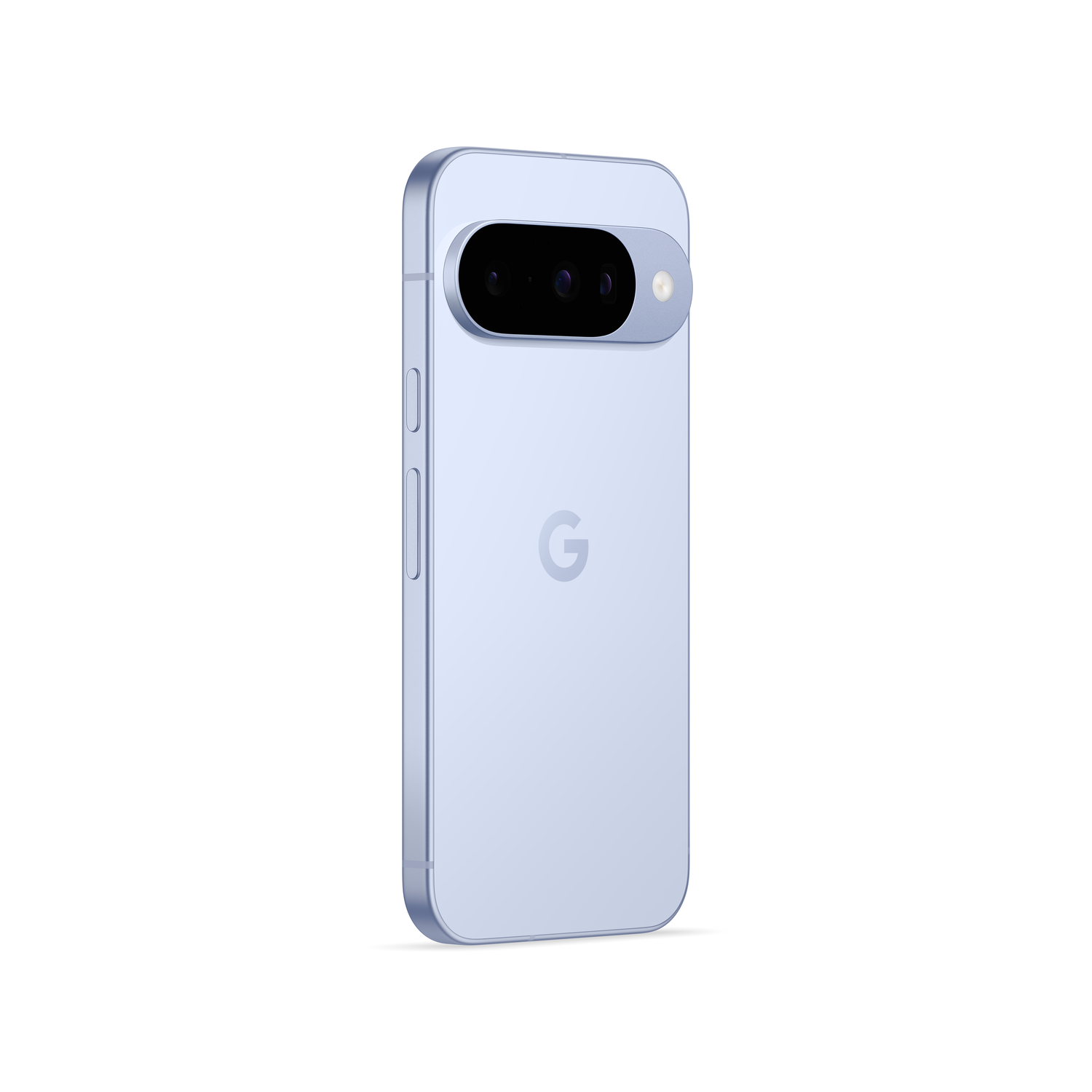 A light blue Google Pixel phone. It has a camera bar with two lenses and a flash. The Google logo is on the back.