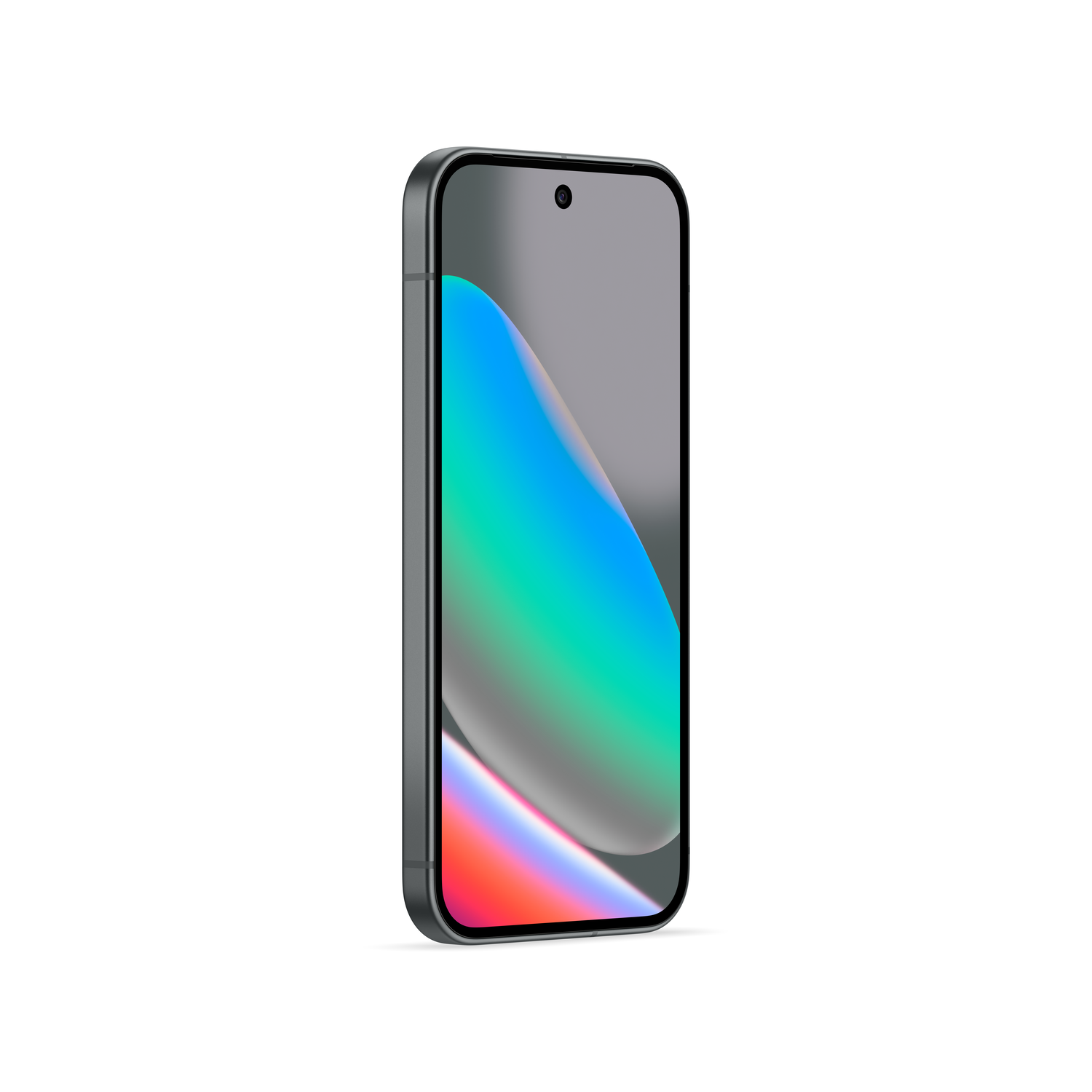 Een smartphone, donkergrijs frame, met een kleurrijk verloop-scherm. De telefoon staat iets schuin tegen een witte achtergrond.