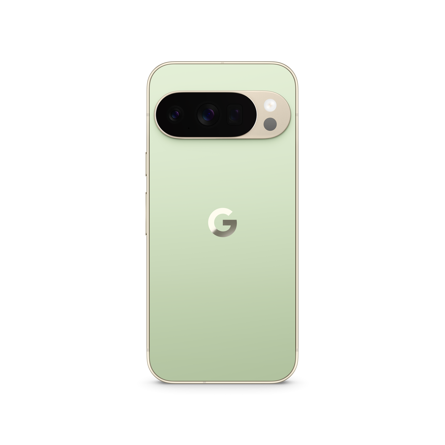 Een lichtgroene smartphone met een dubbel camerasysteem en een goudkleurig frame. Het Google-logo staat in het midden.