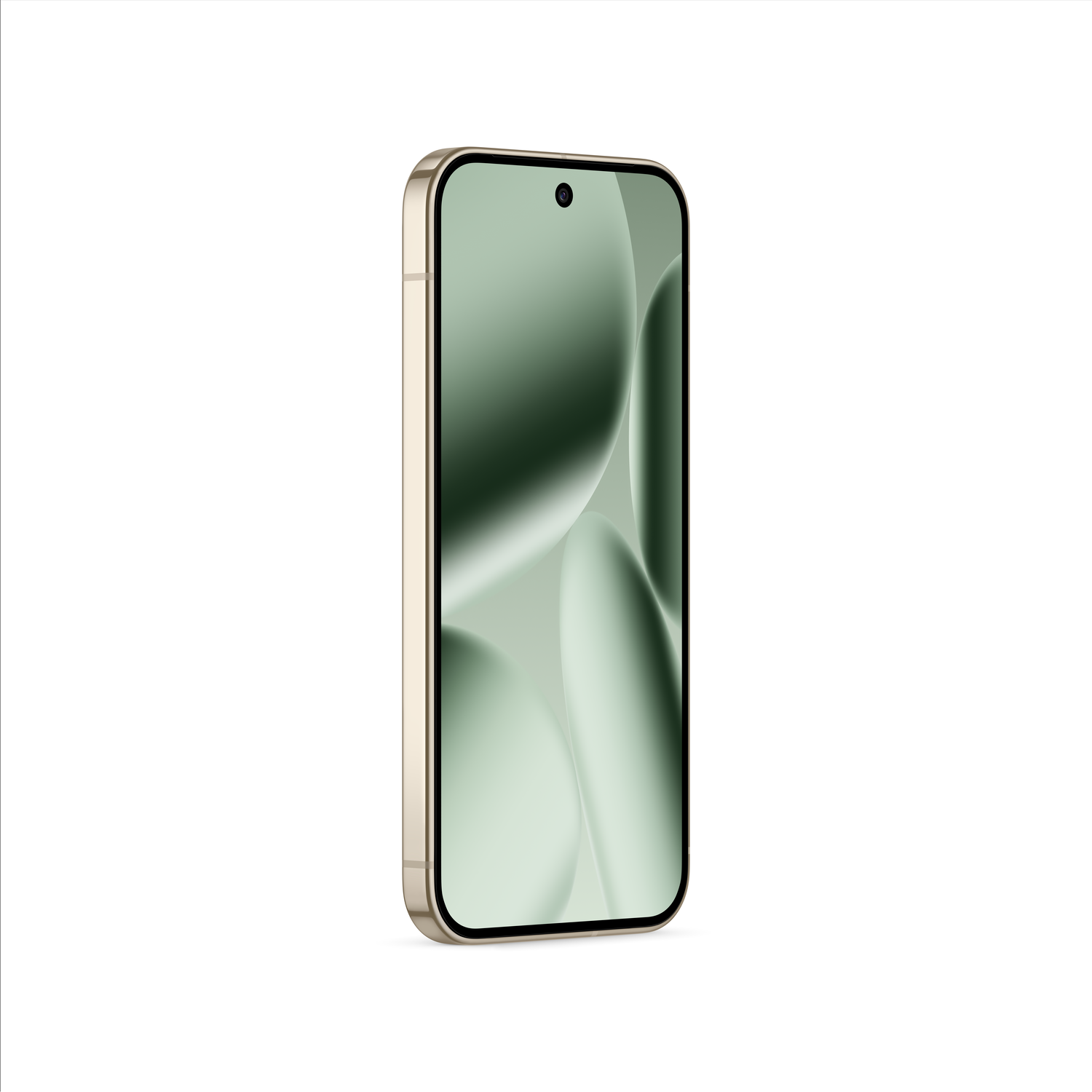 Een goudkleurige smartphone op een witte achtergrond. Het scherm toont een groene gradiënt met een camera-uitsparing bovenaan.