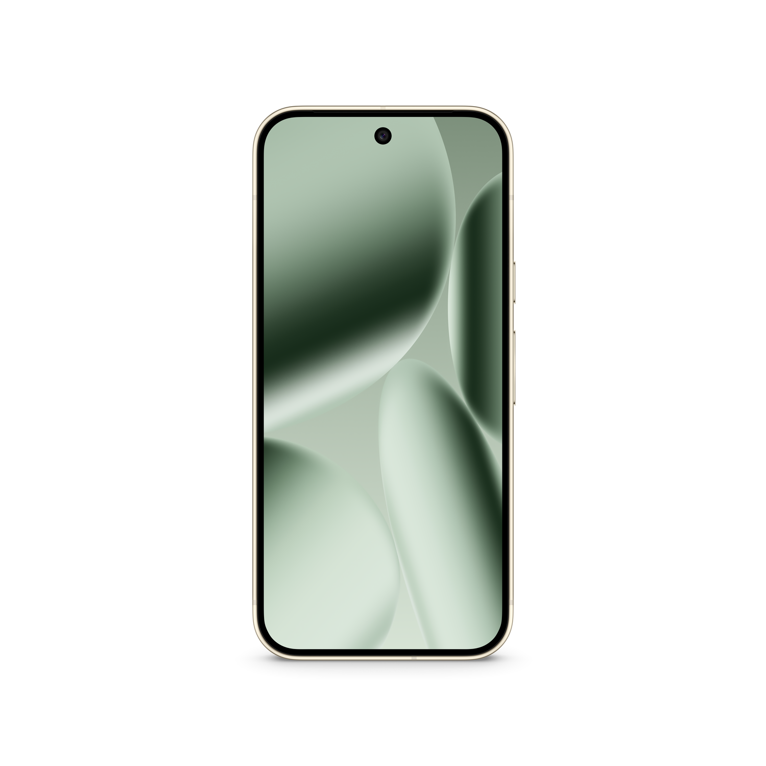 Een gouden smartphone met een groen en wit gradiëntscherm. De telefoon staat gecentreerd op een witte achtergrond.