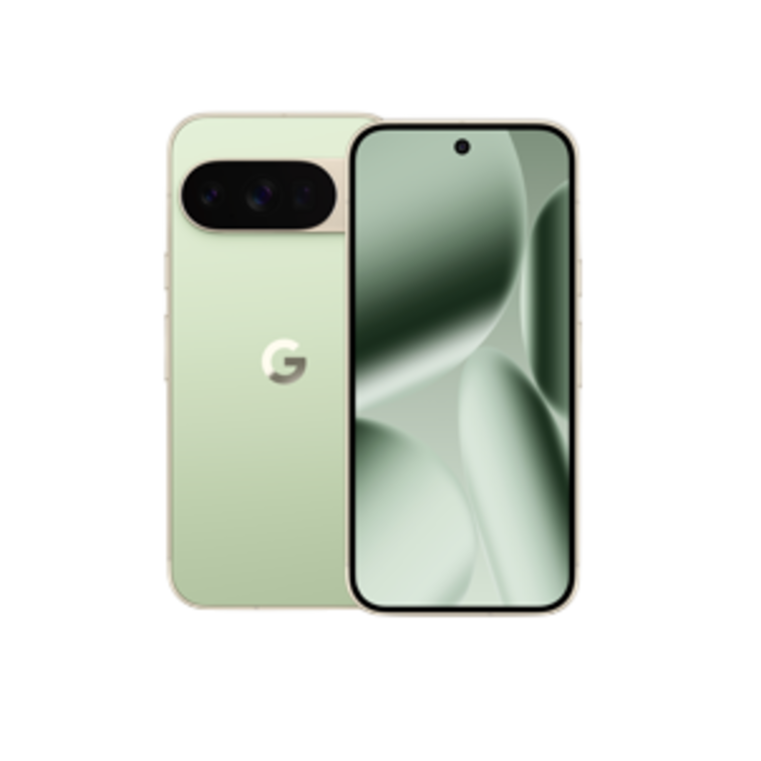 Een lichtgroene smartphone met drie camera's en een scherm met abstracte groene vormen, op een zwarte achtergrond.