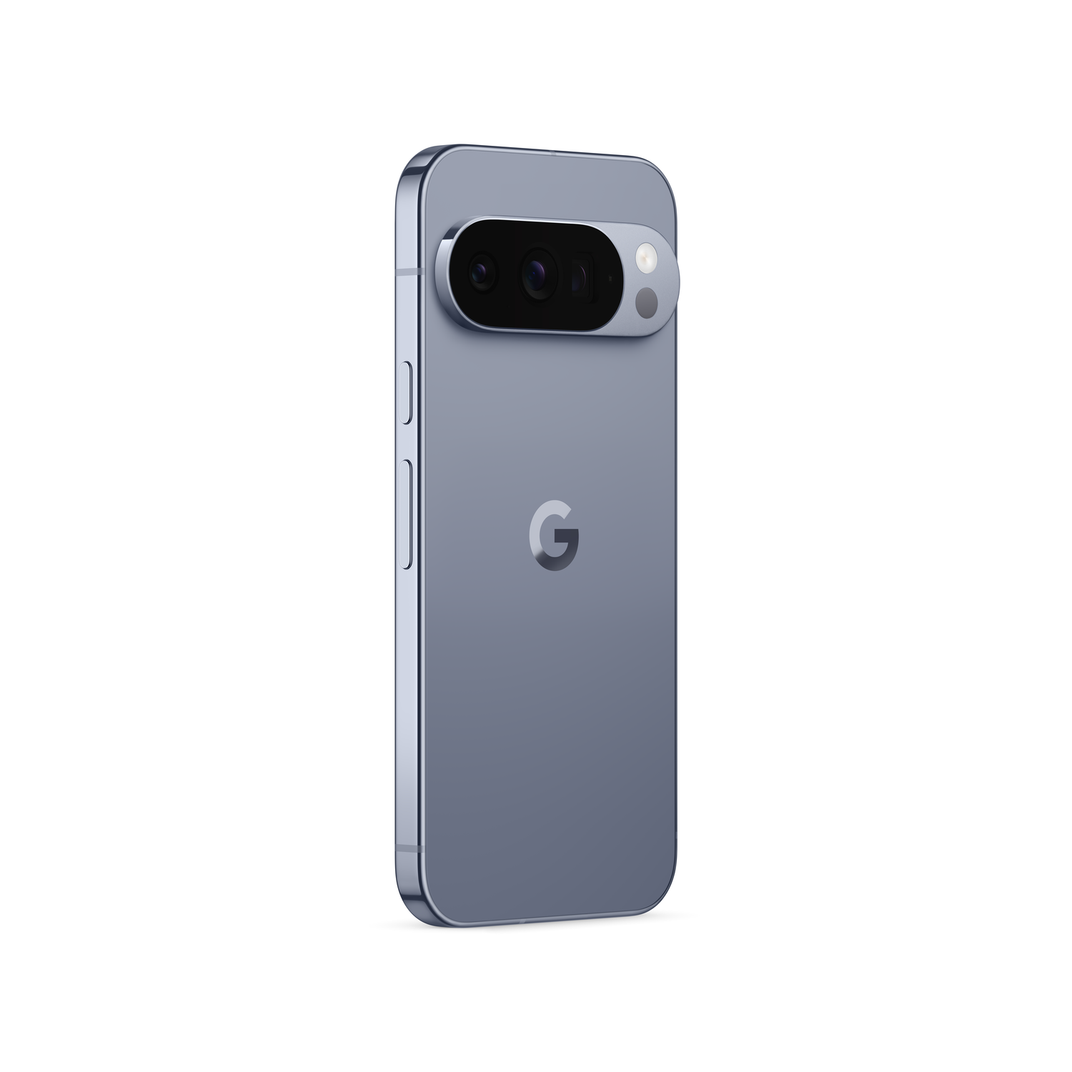 A light blue smartphone with a silver camera bar. Google logo on back. The background is white.
