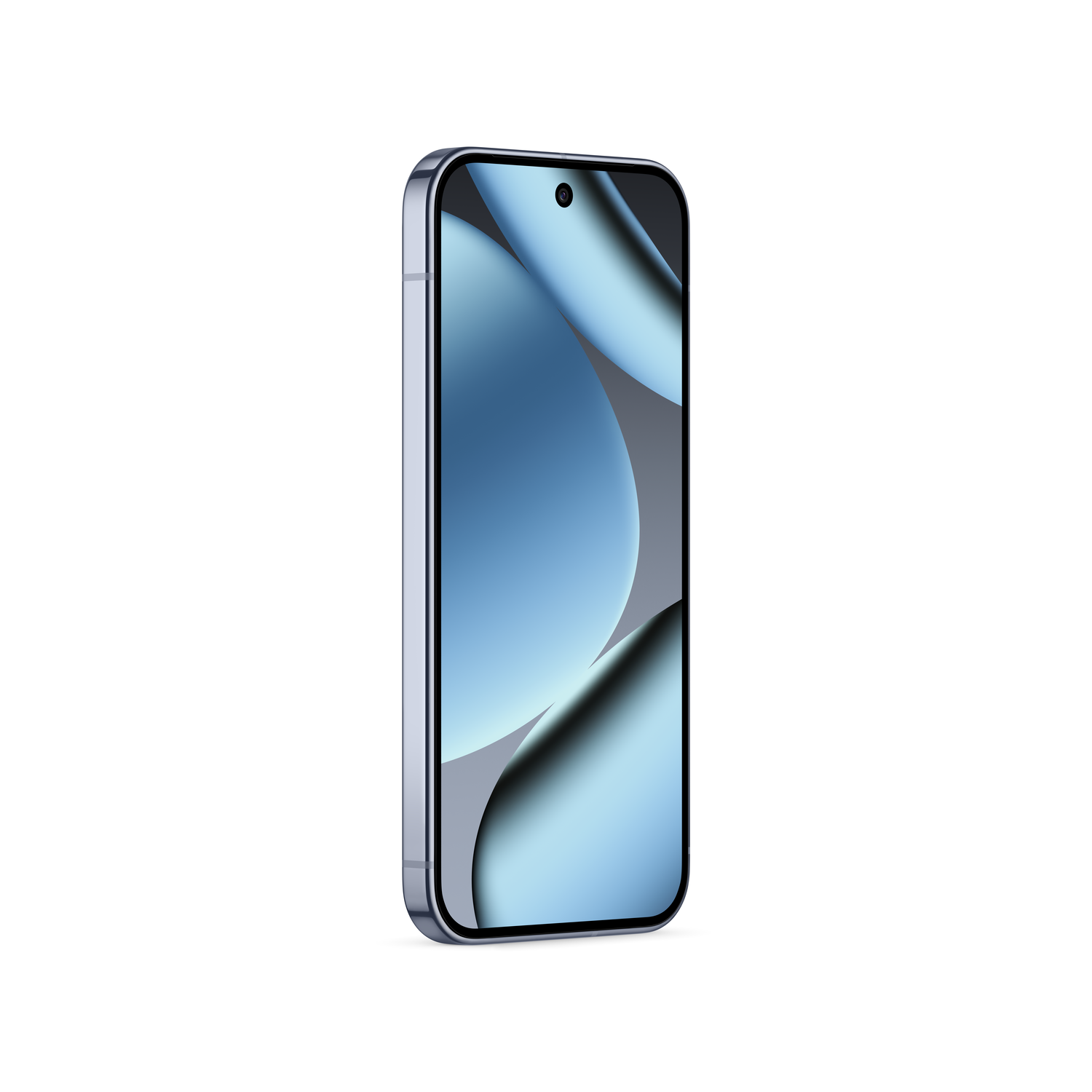 A smartphone with a blue screen, a camera, and a metallic frame, standing against a white background.