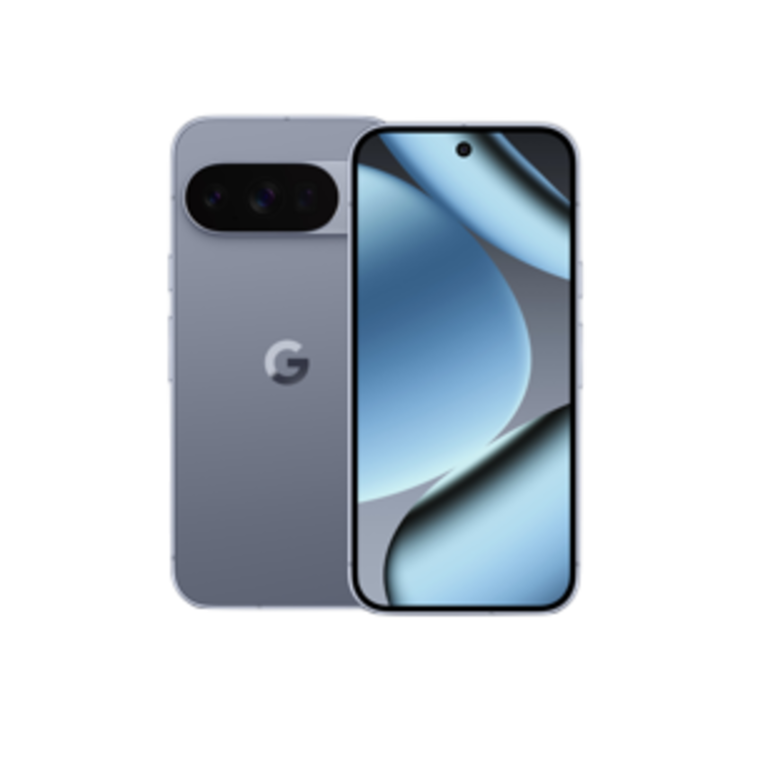 A light blue smartphone, with two displays. One shows the back of the phone with the camera, the other the front.