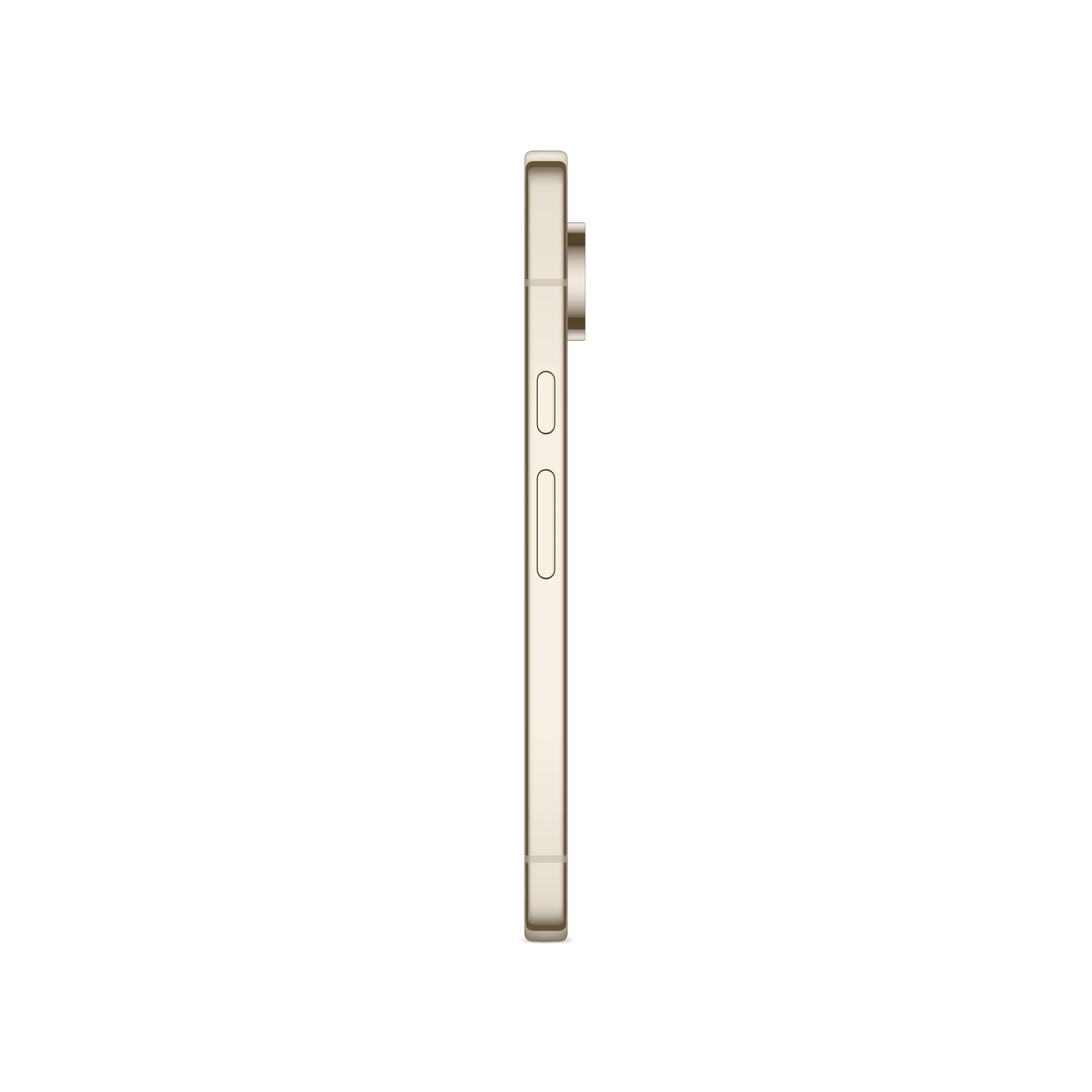 Vue latérale d'un smartphone doré, montrant l'appareil photo, les boutons et le design élégant sur fond blanc.