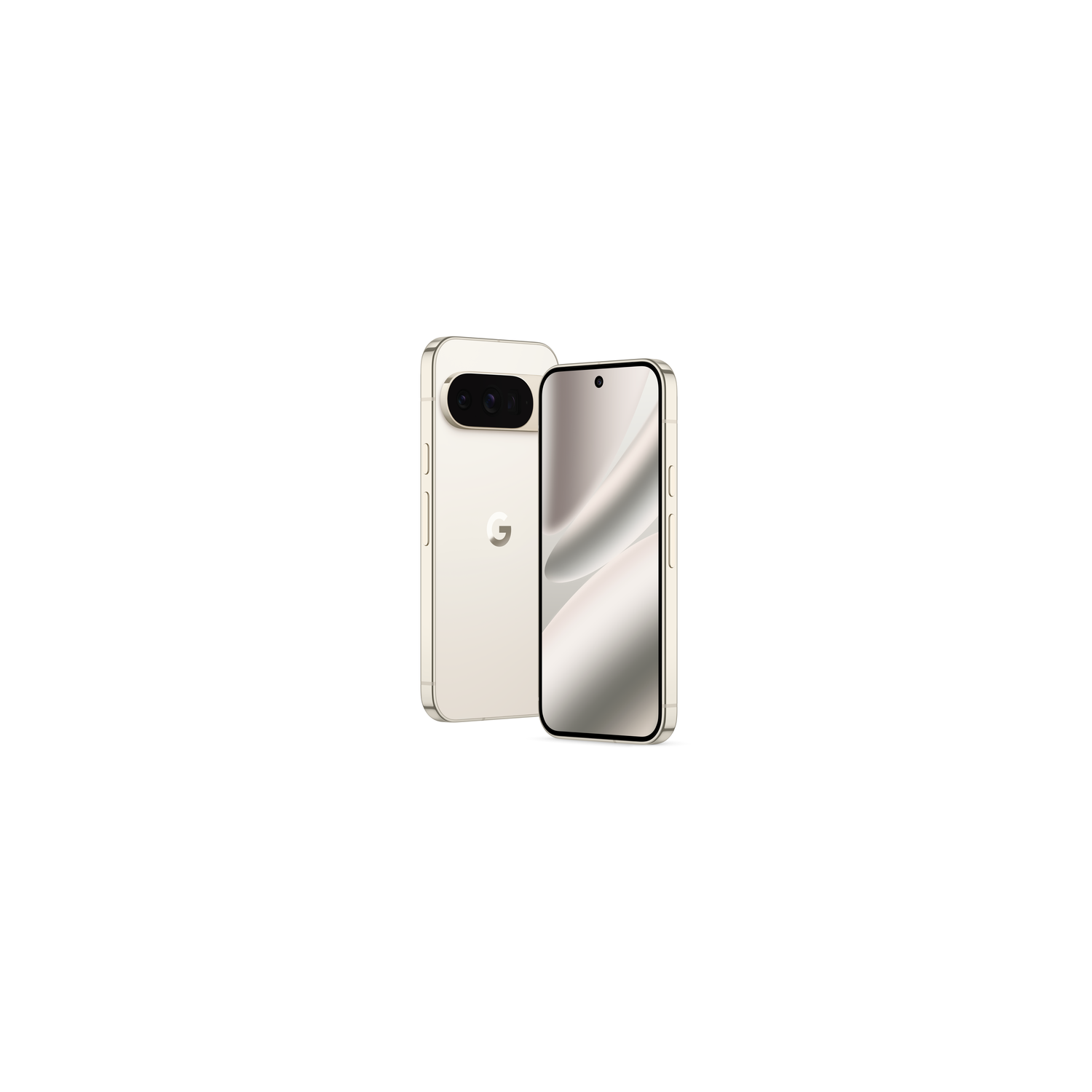 Deux smartphones, un incliné. Les téléphones sont dorés avec un écran argenté, avec une barre de caméra et le logo Google.