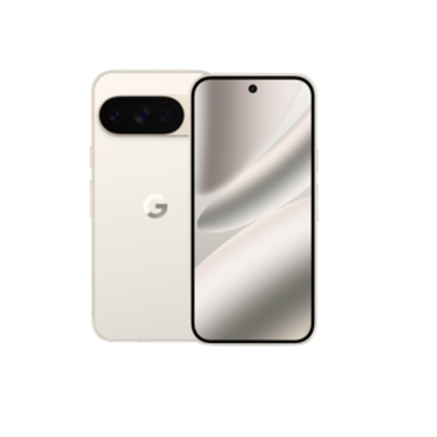 Deux smartphones beiges, l'un montrant l'arrière avec des caméras et un logo 'G', l'autre l'écran. Fond noir.