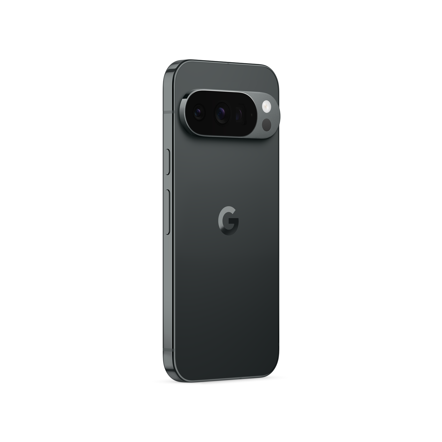 Een zwarte smartphone met camerabalk, zilveren G-logo en knoppen aan de zijkant, op een witte achtergrond.