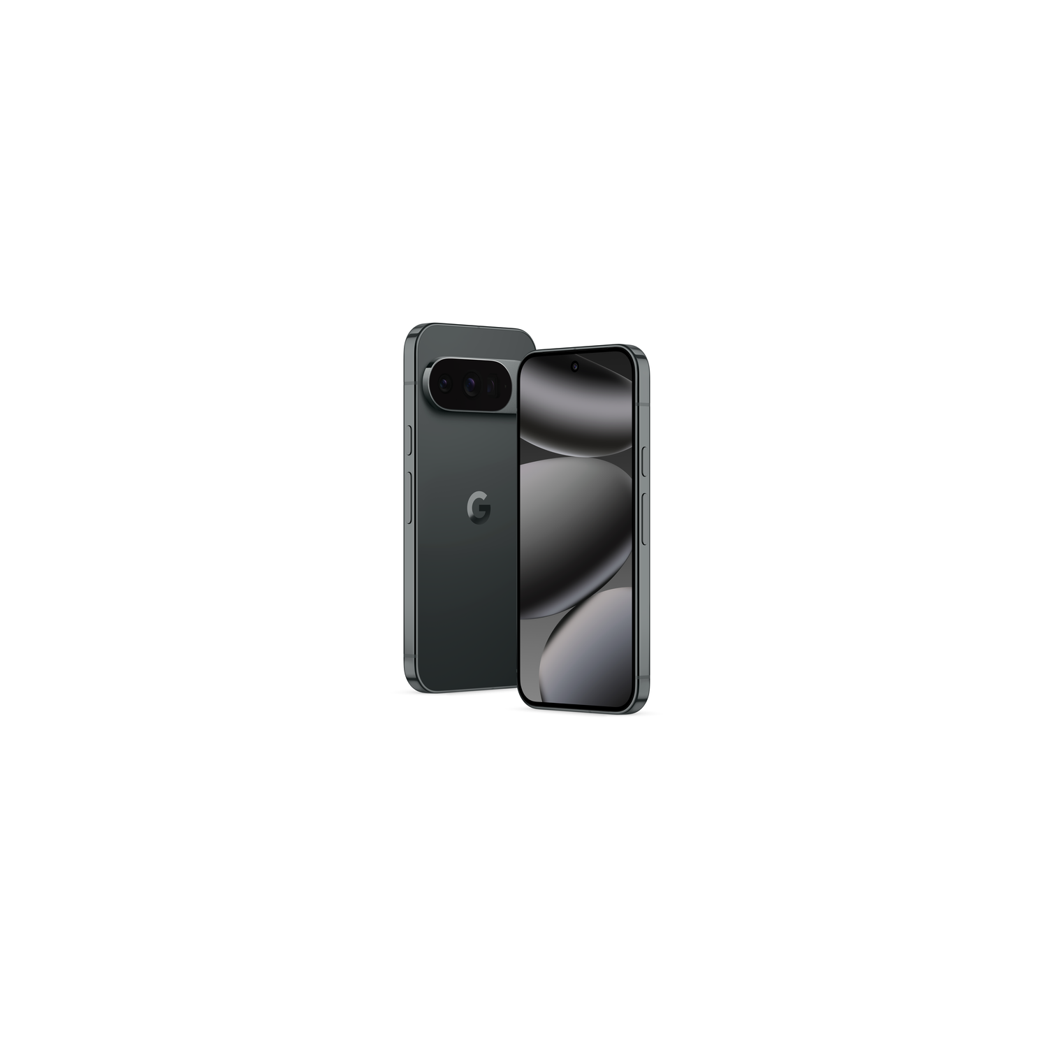 Twee donkergrijze smartphones op een witte achtergrond. Eén toont de voorkant, de andere de achterkant met camera en Google-logo.
