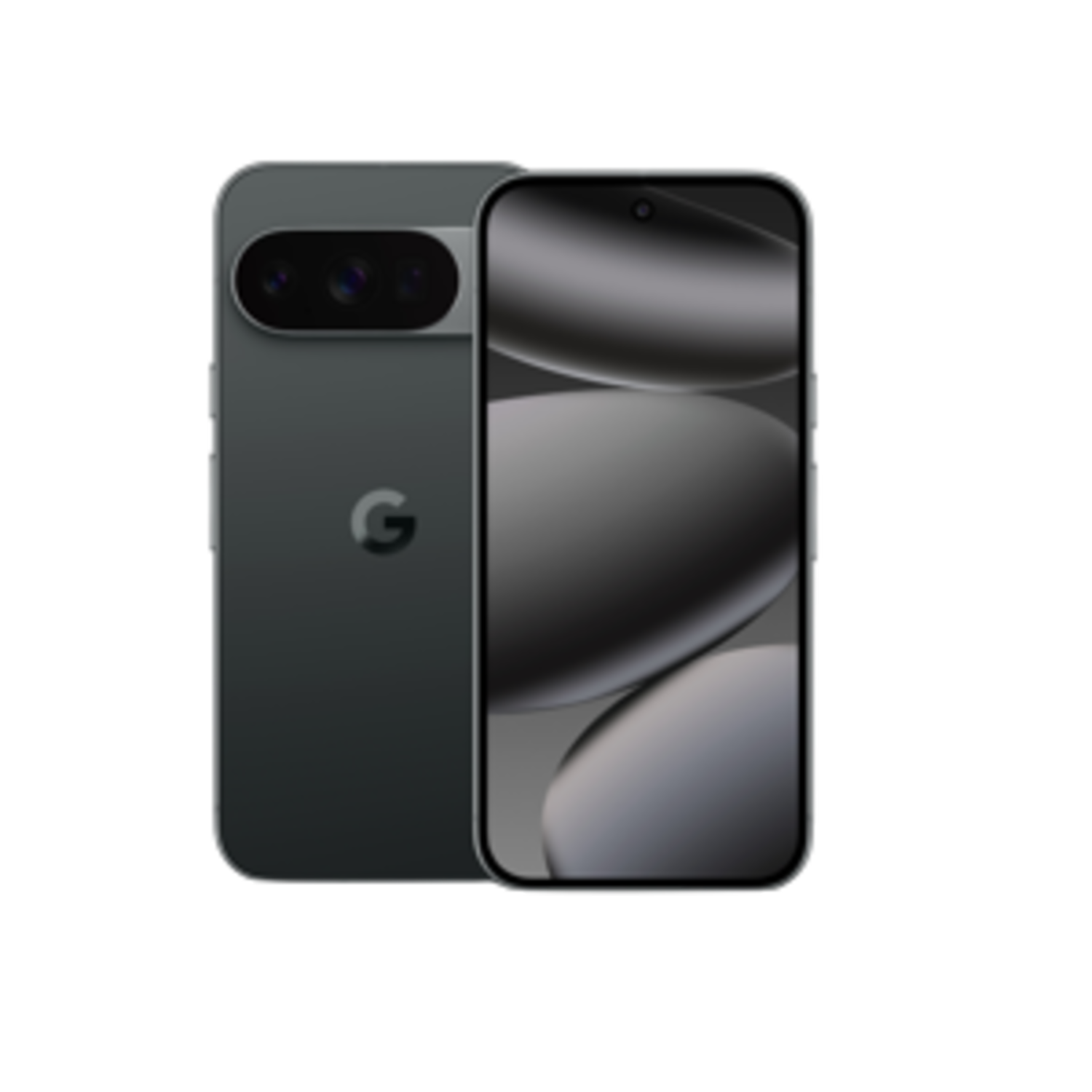 Twee donkergrijze smartphones op een zwarte achtergrond. Eén toont de achterkant met camera's en een Google-logo, de ander het scherm.