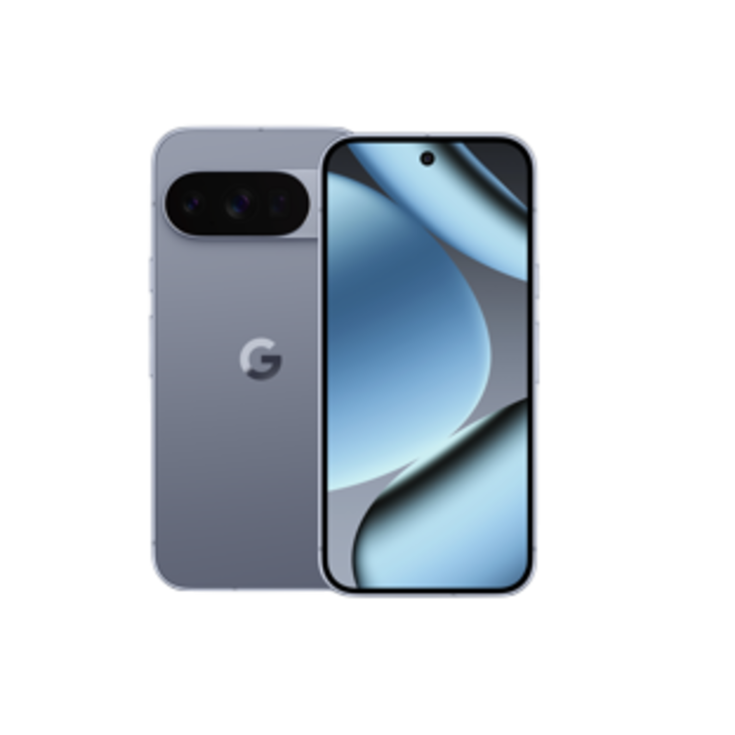 Une maquette de smartphone, dos bleu clair avec trois caméras, un écran avant avec un fond bleu, blanc et gris. Logo Google.